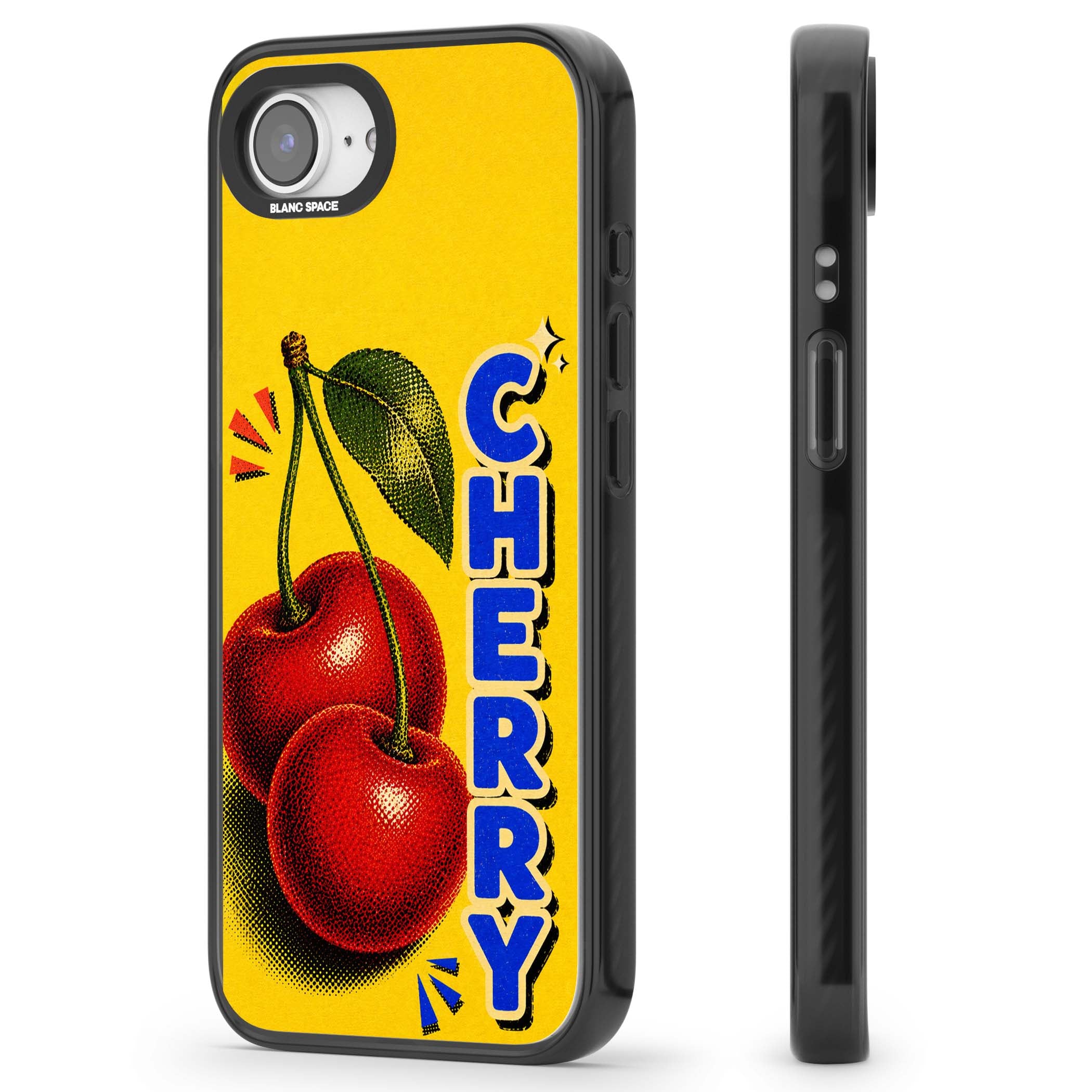 Cherry Yellow y2k iPhone case featuring two red cherries, halftone shading and bold blue CHERRY lettering on yellow | Black Impact Magsafe case for iPhone 16e, iPhone 17e
