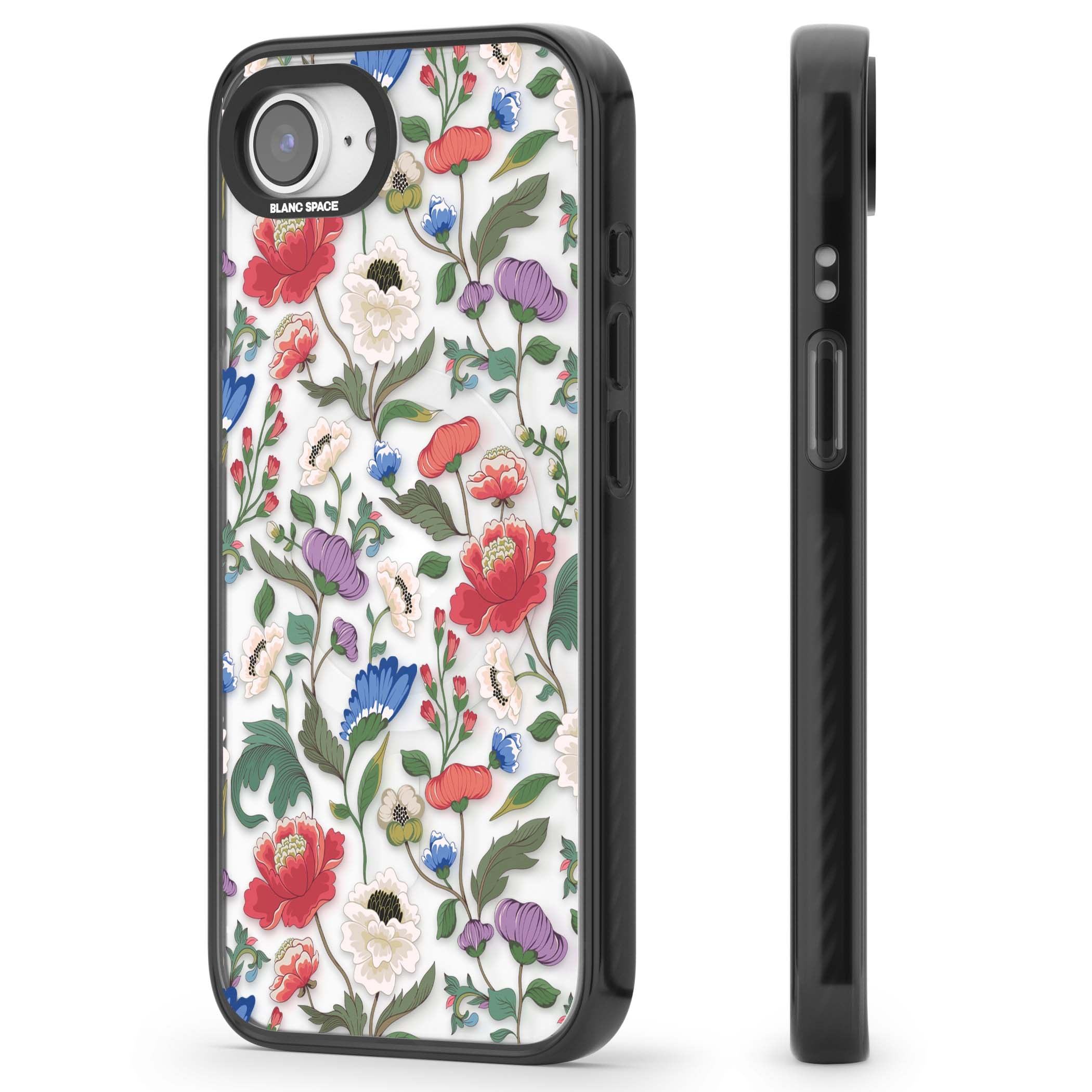 Chinoiserie Bloom vintage floral iPhone case featuring hand-painted peonies, poppies and trailing wildflowers on clear... | Black Impact Magsafe case for iPhone 16e, iPhone 17e