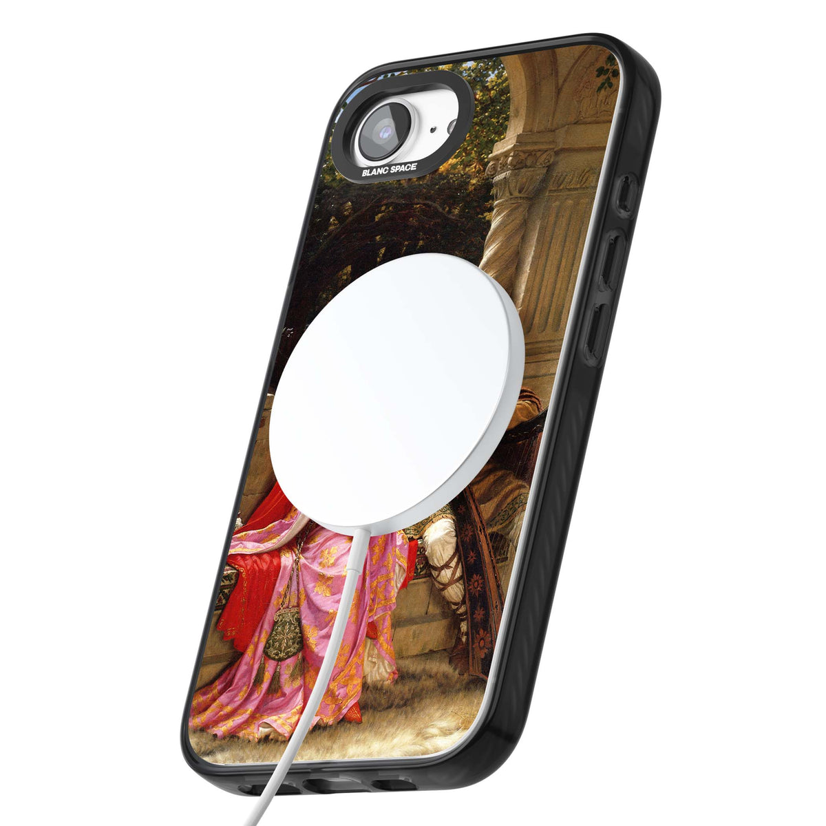 The End of the Song classic art iPhone case featuring a medieval lady in pink gown and her knight in a stone archway | Black Impact Magsafe case for iPhone 16e, iPhone 17e