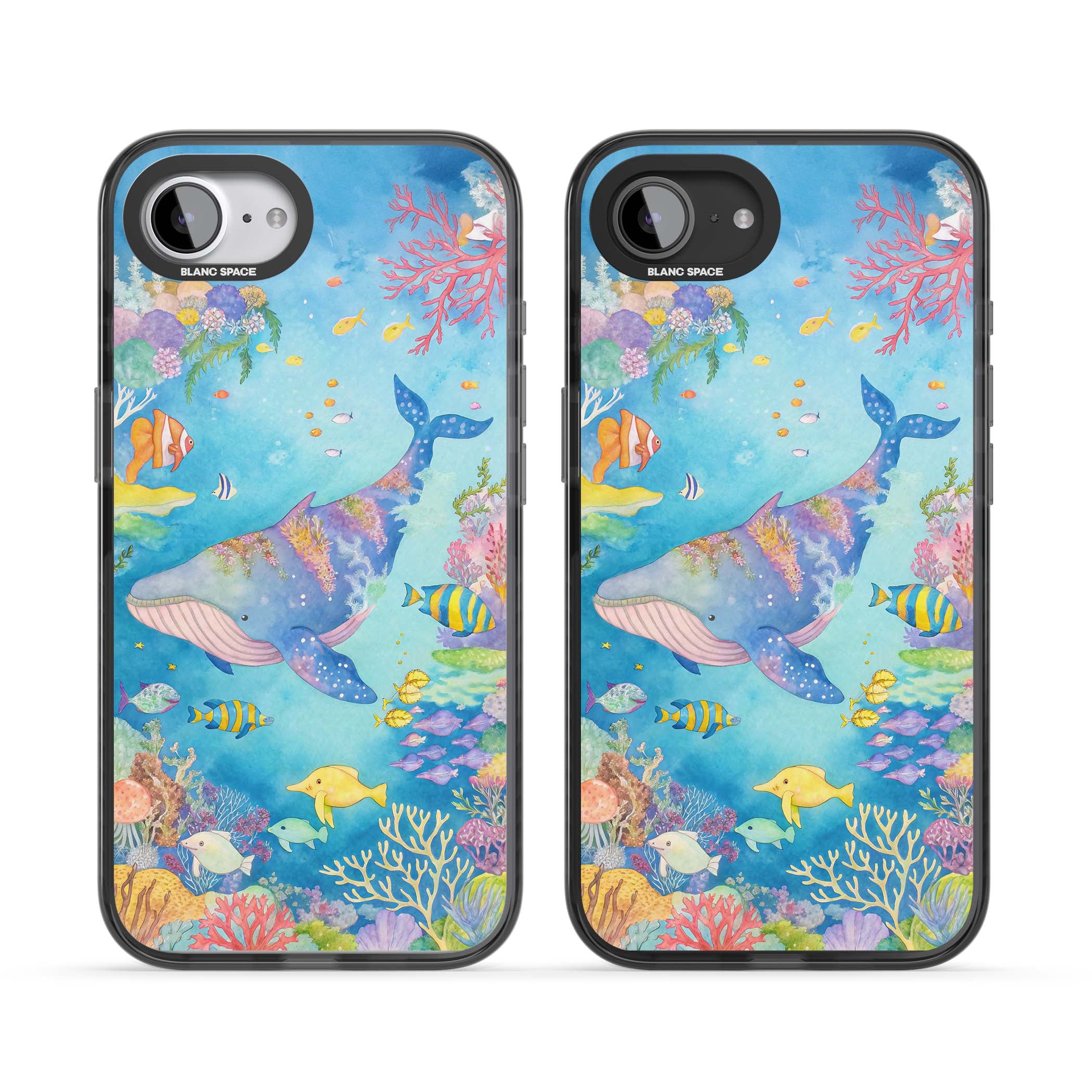 Coral Lagoon ocean iPhone case featuring a watercolour whale, coral reef and tropical fish | Black Impact Magsafe case for iPhone 16e, iPhone 17e