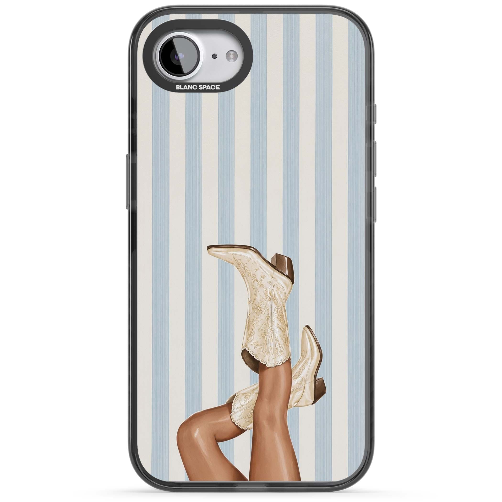 Cowgirl Boots coastal cowgirl iPhone case featuring embroidered western boots, tanned legs and a blue stripe backdrop | Black Impact Magsafe case for iPhone 16e, iPhone 17e