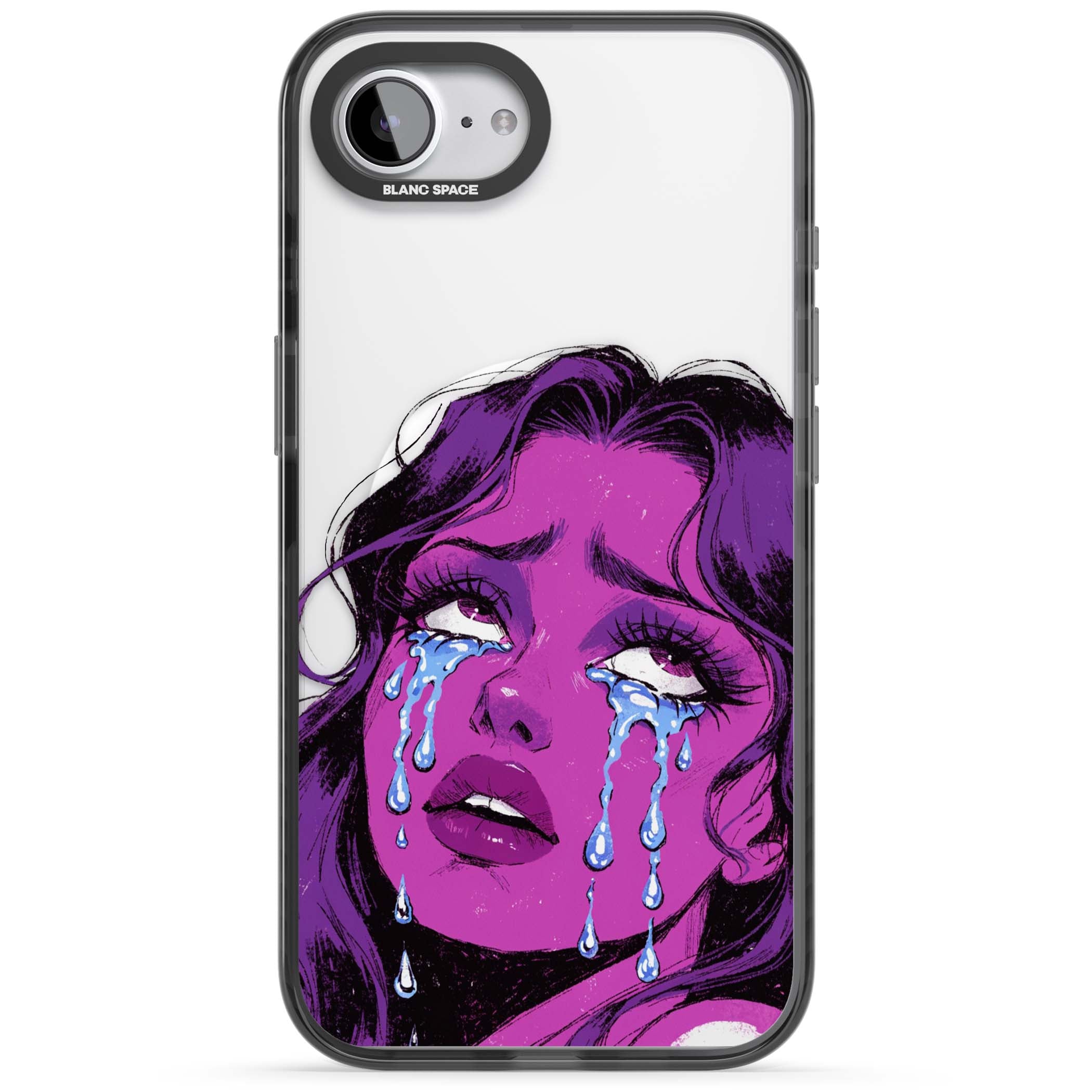 Drama Queen pop art iPhone case featuring a purple crying comic girl with blue tears | Black Impact Magsafe case for iPhone 16e, iPhone 17e