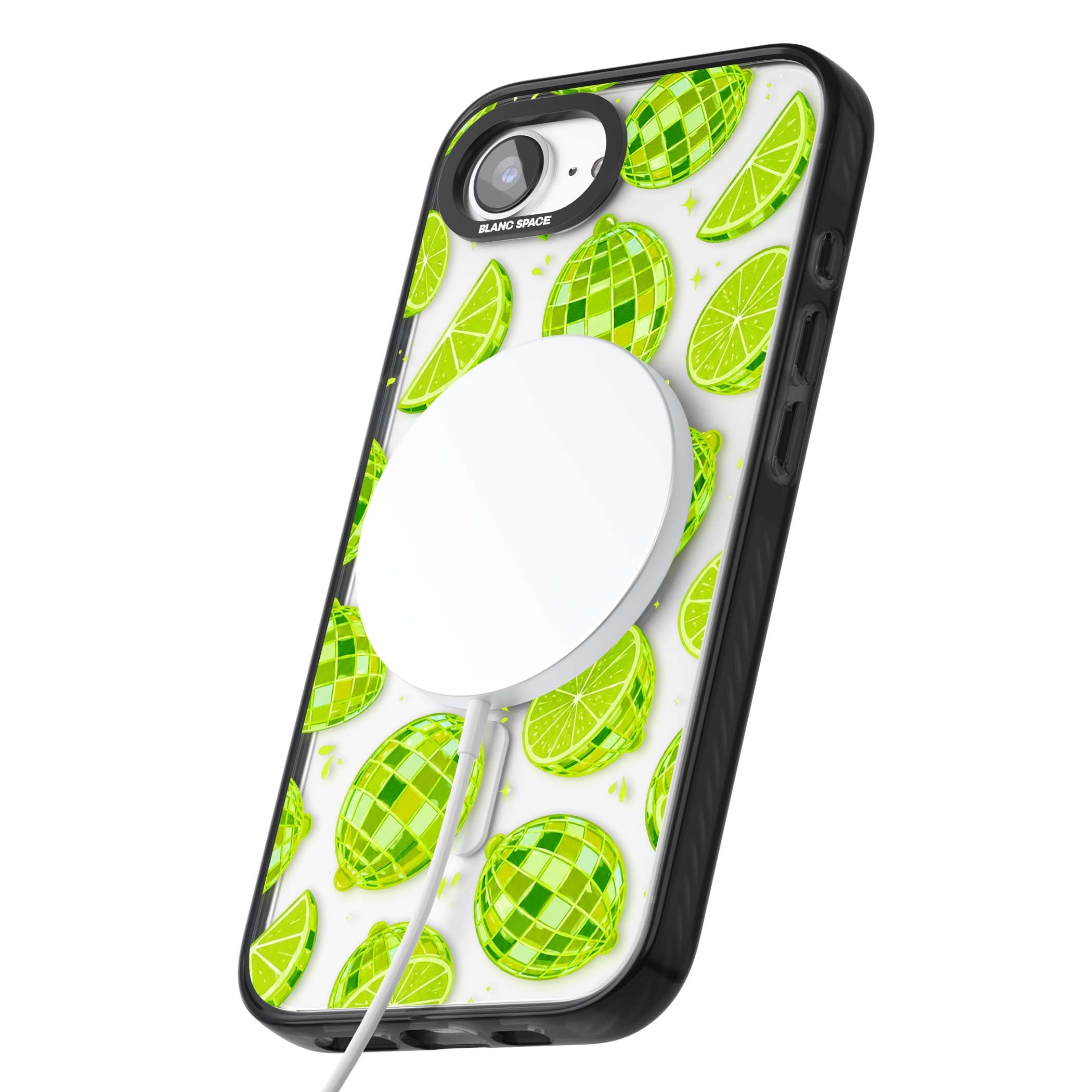 Disco Limes fruit aesthetic iPhone case featuring green disco balls, lime slices and citrus sparkles | Black Impact Magsafe case for iPhone 16e, iPhone 17e