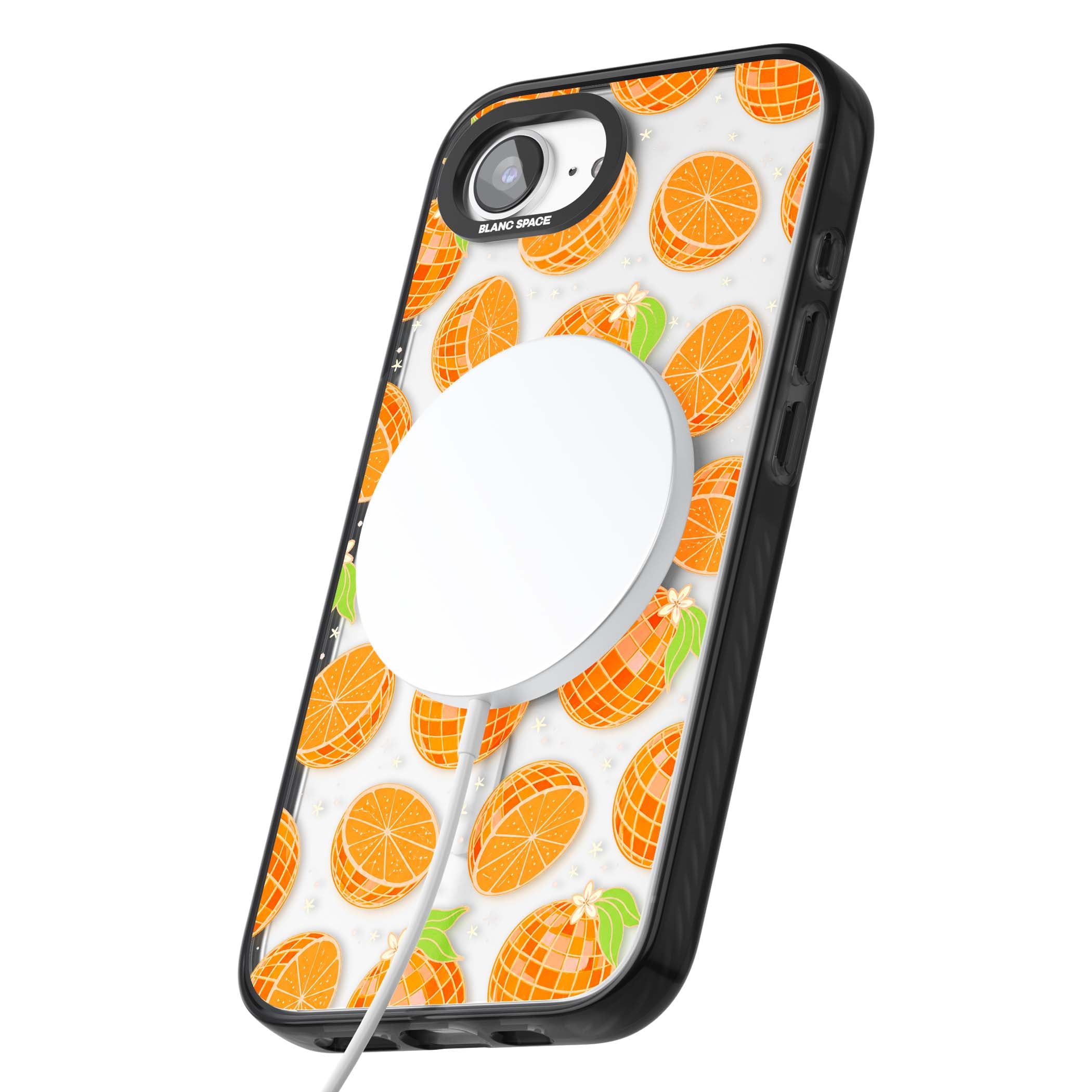 Disco Oranges retro iPhone case featuring mirrorball oranges, citrus slices and tiny blossoms on clear | Black Impact Magsafe case for iPhone 16e, iPhone 17e