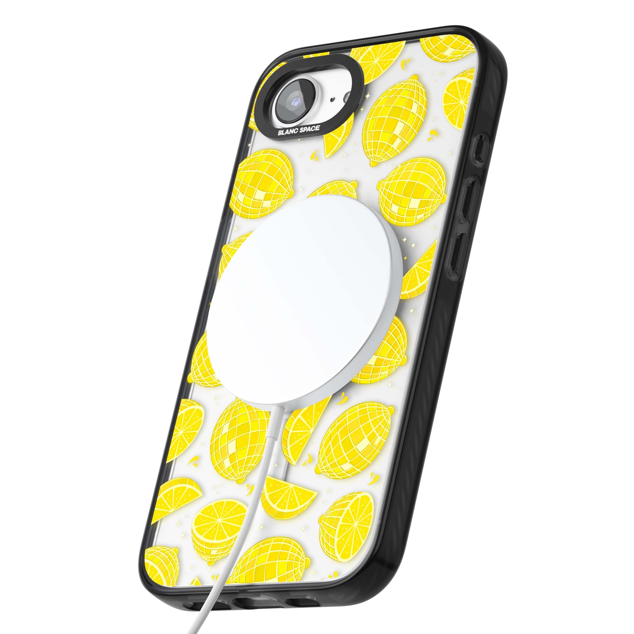 Disco Lemons citrus iPhone case featuring mirrorball lemons, sliced fruit and sparkle accents | Black Impact Magsafe case for iPhone 16e, iPhone 17e