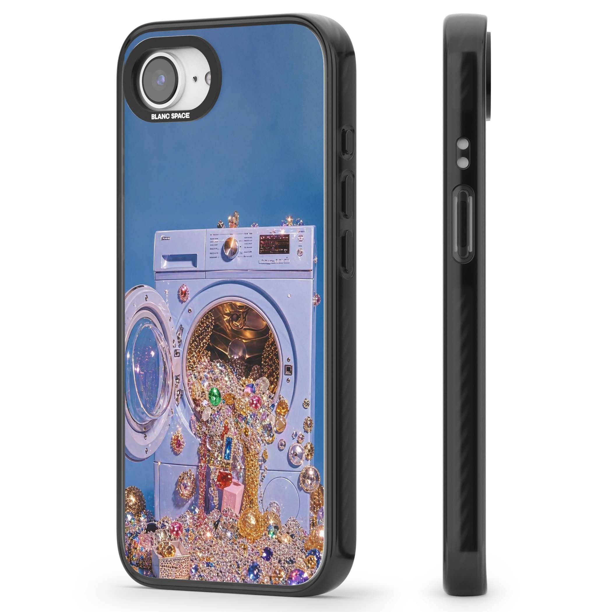 Gem Laundry baddie iPhone case featuring a surreal washing machine overflowing with colourful gemstones and crystals | Black Impact Magsafe case for iPhone 16e, iPhone 17e