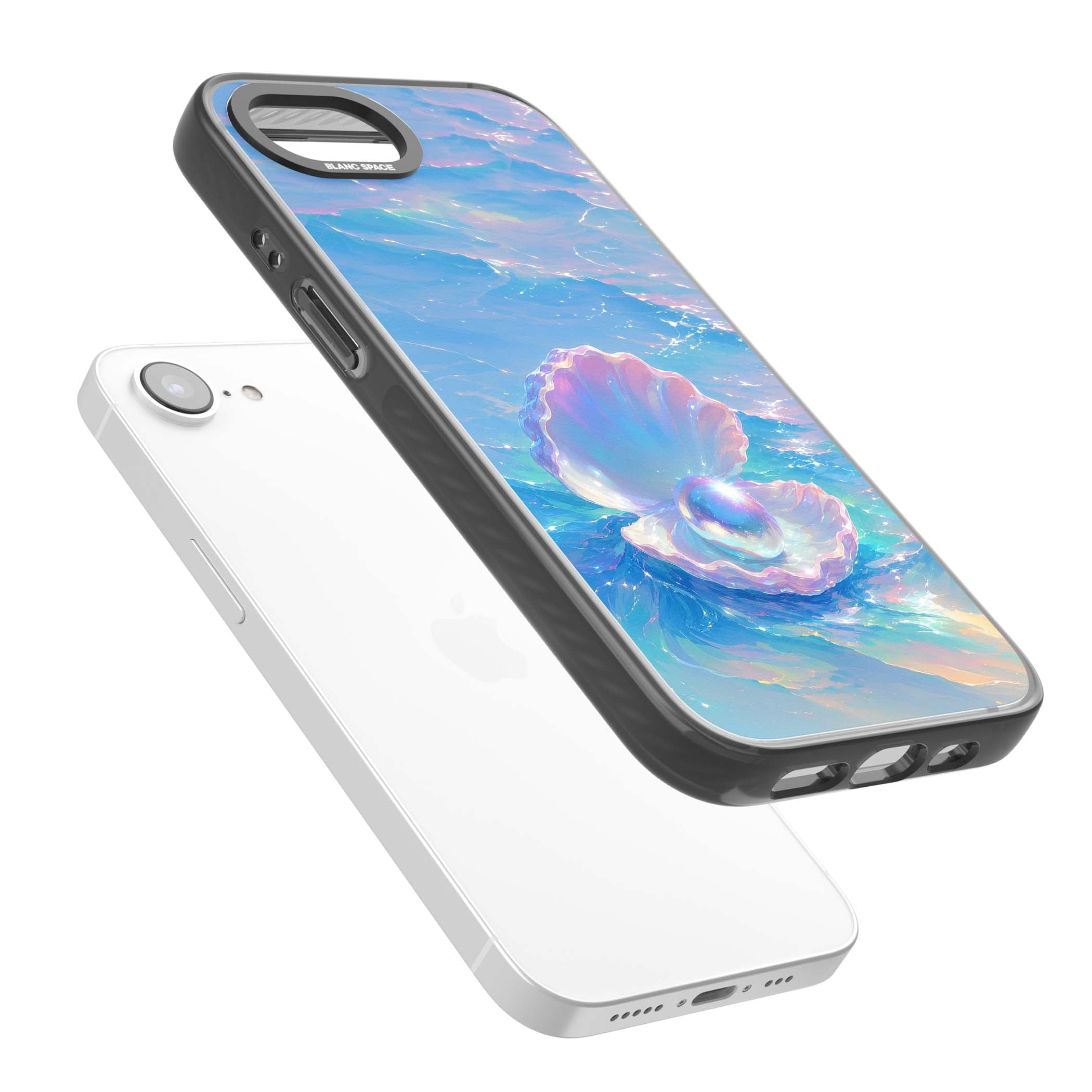 The Pearl Clam mermaidcore iPhone case featuring iridescent seashell, glowing pearl and pastel ocean waves | Black Impact Magsafe case for iPhone 16e, iPhone 17e
