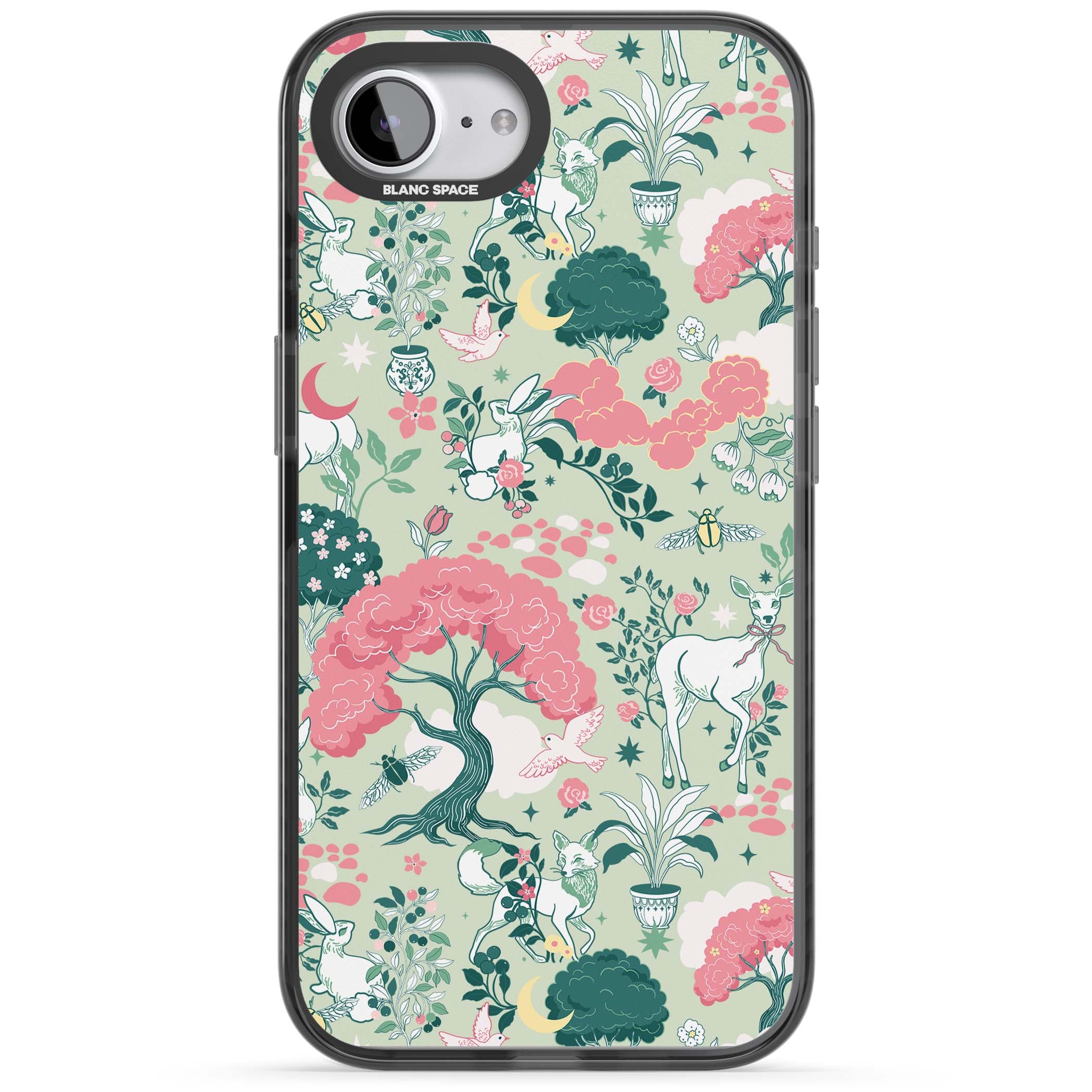 Enchanted Woodland cottagecore iPhone case featuring white deer, pink roses, mushrooms and woodland animals on sage green | Black Impact Magsafe case for iPhone 16e, iPhone 17e