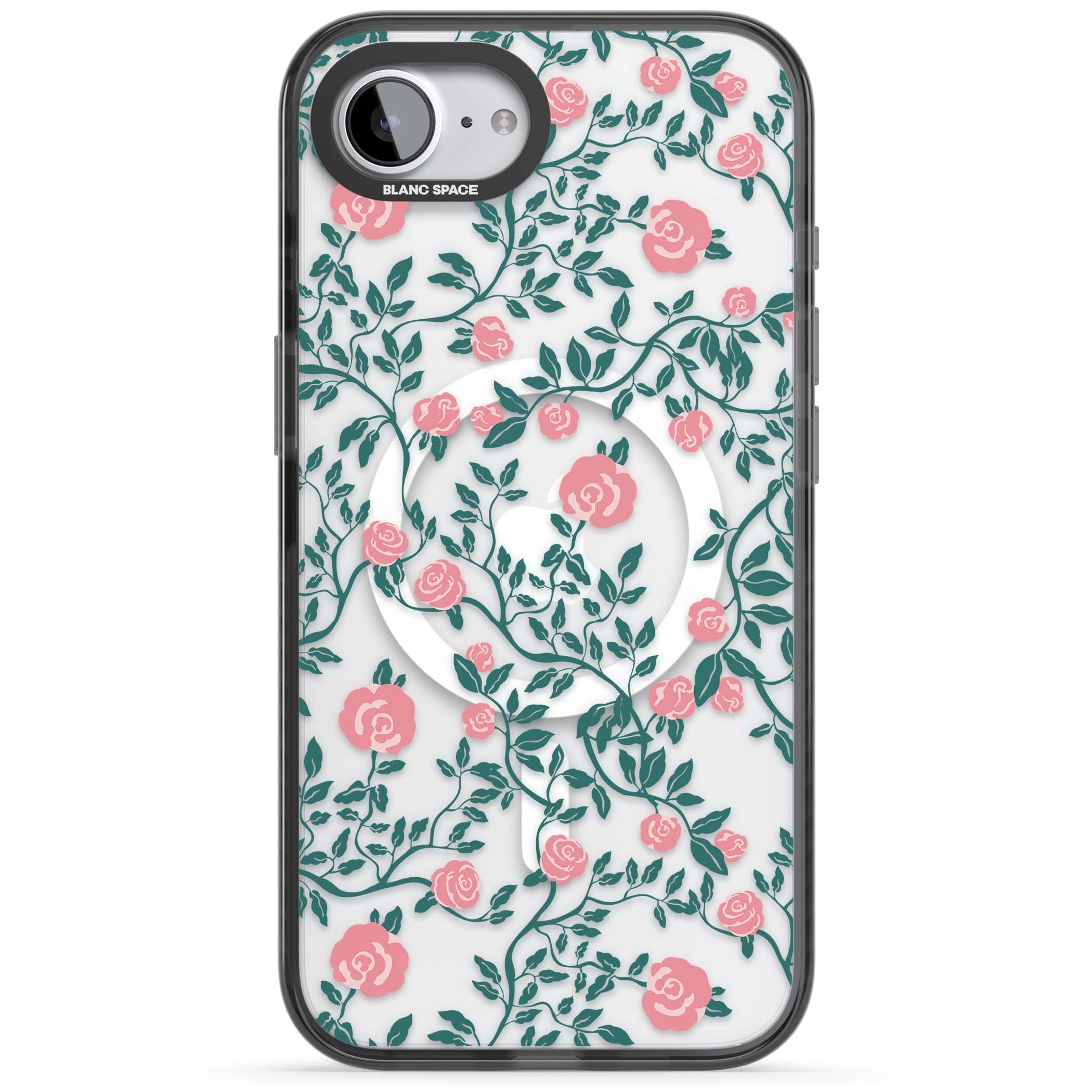 Rose Trellis (Clear) cottagecore iPhone case featuring pink climbing roses and green leaves on clear background | Black Impact Magsafe case for iPhone 16e, iPhone 17e