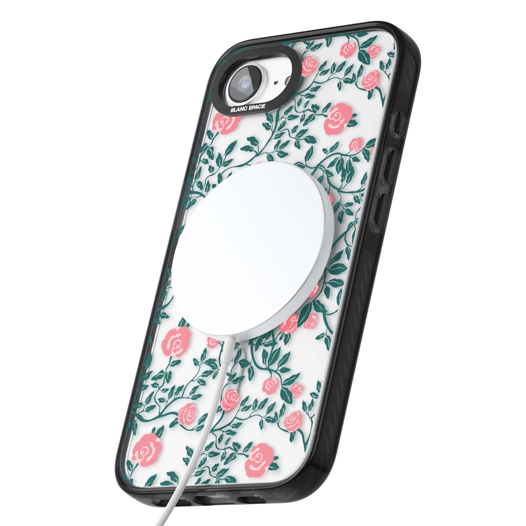 Rose Trellis (Clear) cottagecore iPhone case featuring pink climbing roses and green leaves on clear background | Black Impact Magsafe case for iPhone 16e, iPhone 17e