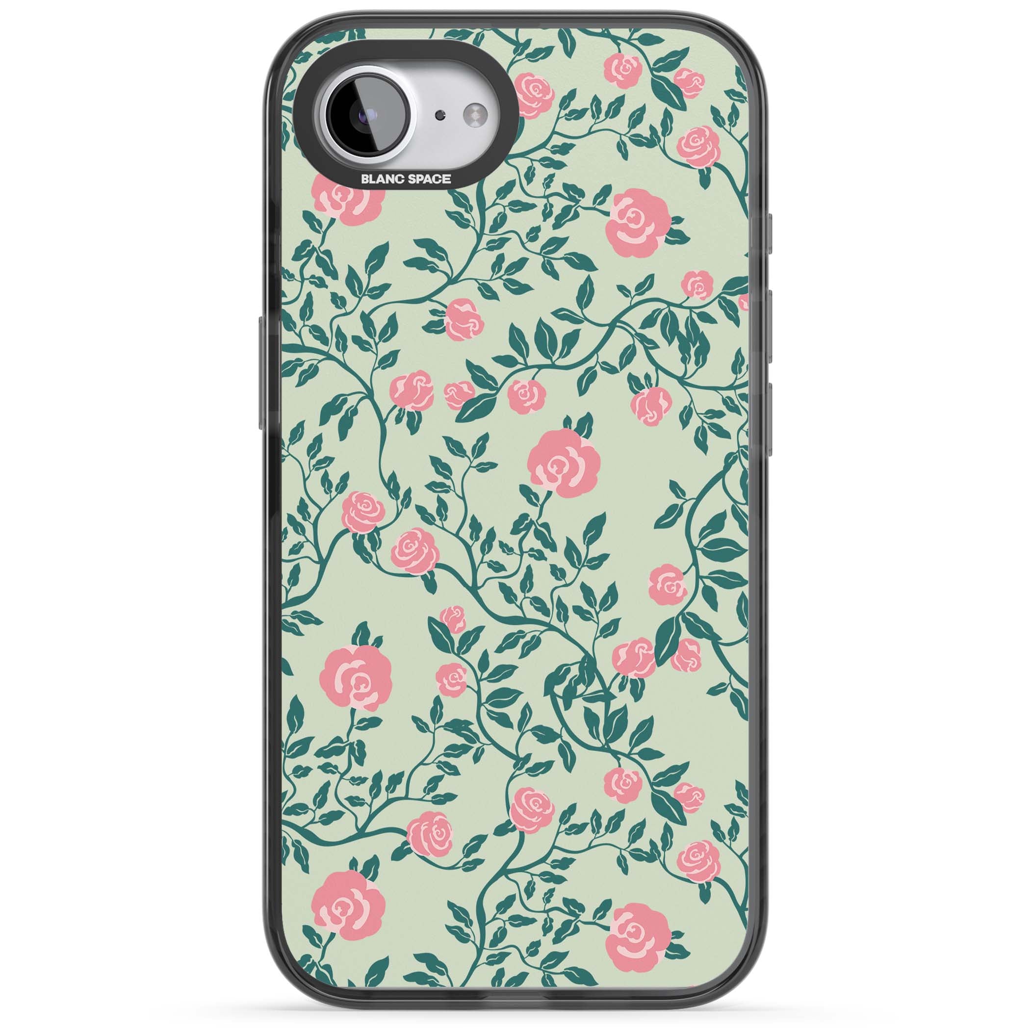 Rose Trellis cottagecore iPhone case featuring pink roses, sage green vines, and mint background | Black Impact Magsafe case for iPhone 16e, iPhone 17e
