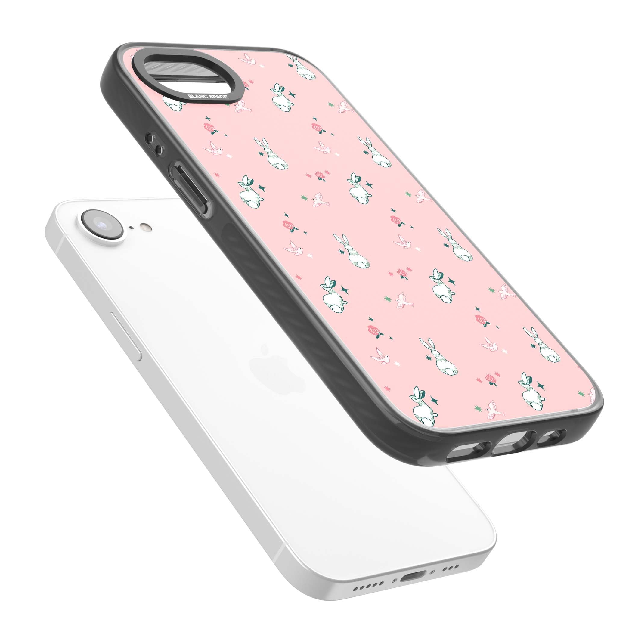 Bunny Garden kawaii iPhone case featuring white rabbits, pink roses, doves and stars on pink background | Black Impact Magsafe case for iPhone 16e, iPhone 17e