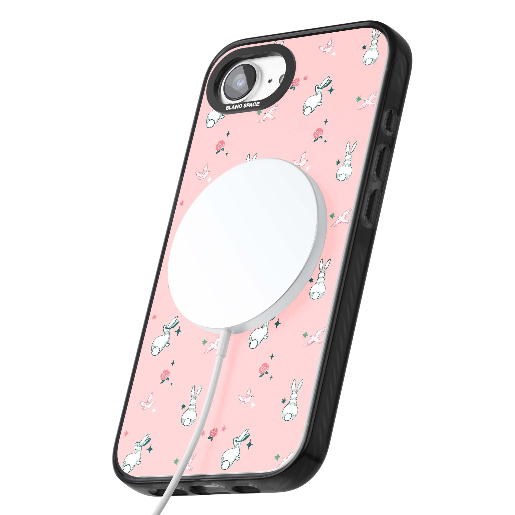 Bunny Garden kawaii iPhone case featuring white rabbits, pink roses, doves and stars on pink background | Black Impact Magsafe case for iPhone 16e, iPhone 17e