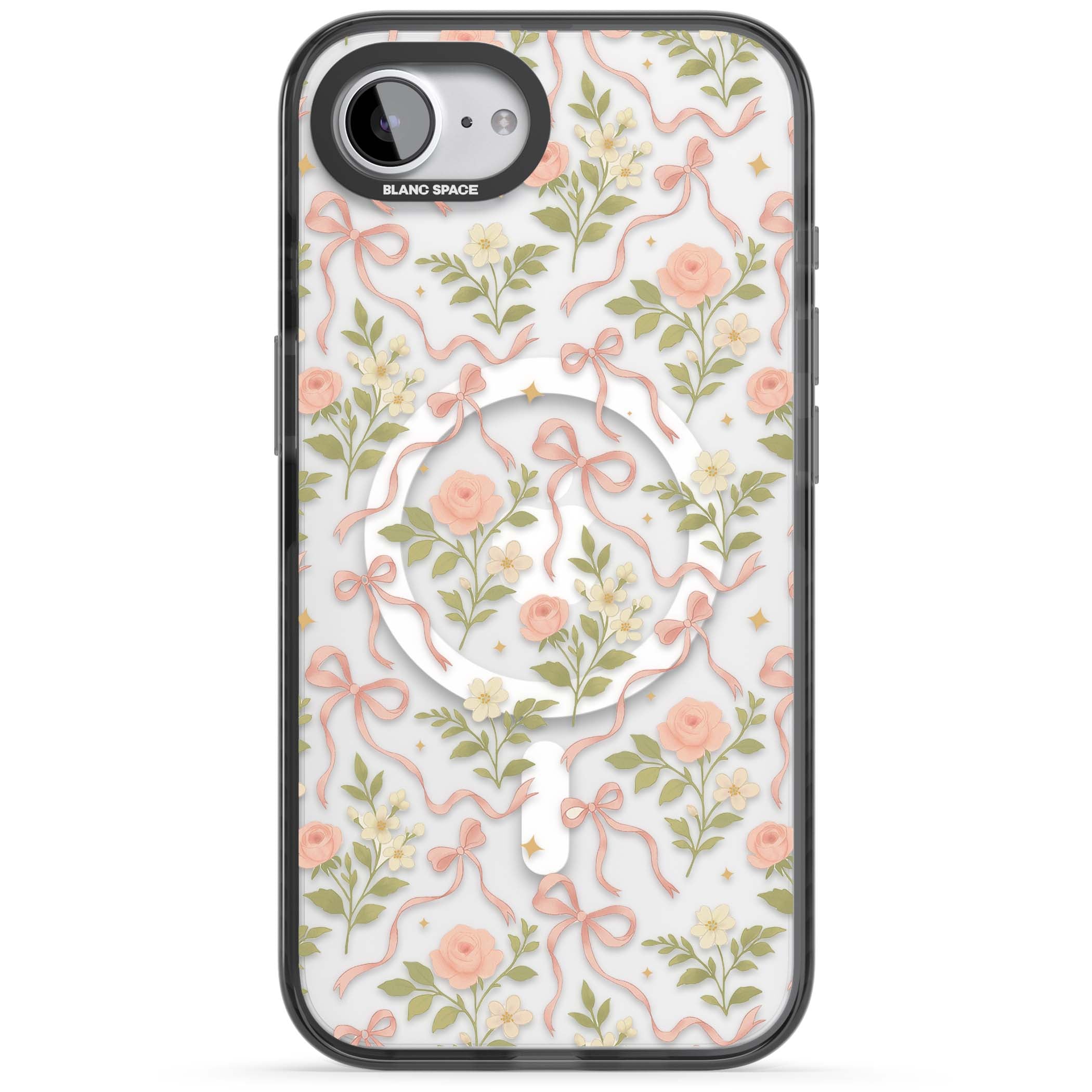 Ribbon Garden coquette iPhone case featuring pink bows, peach roses and wildflowers on white background | Black Impact Magsafe case for iPhone 16e, iPhone 17e