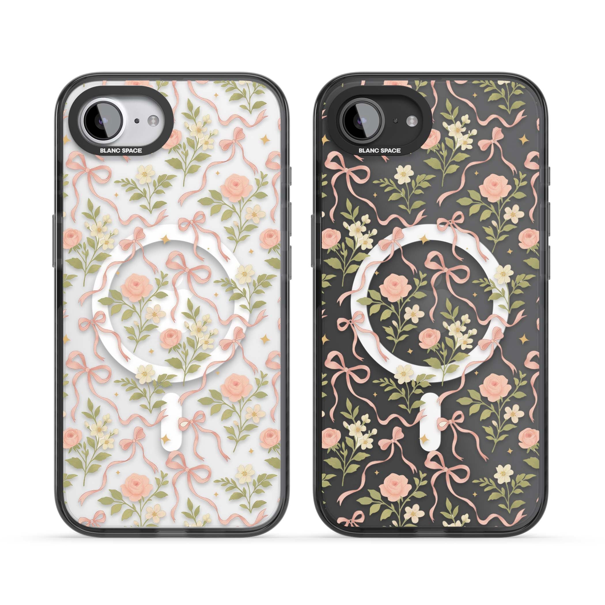 Ribbon Garden coquette iPhone case featuring pink bows, peach roses and wildflowers on white background | Black Impact Magsafe case for iPhone 16e, iPhone 17e