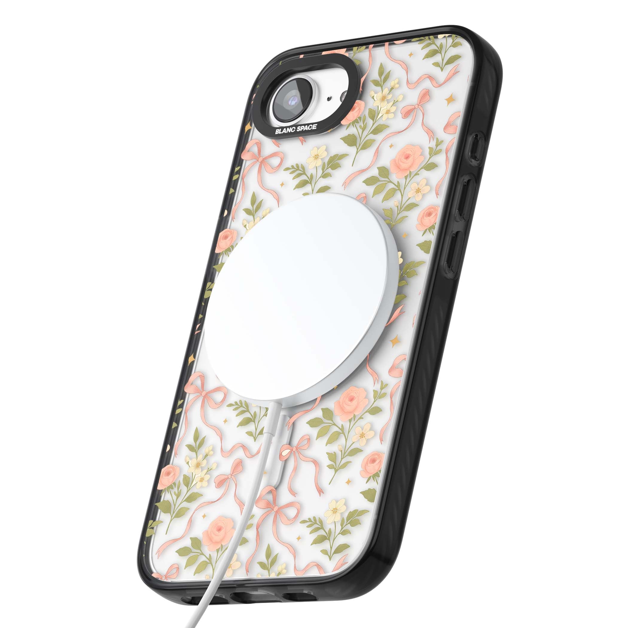 Ribbon Garden coquette iPhone case featuring pink bows, peach roses and wildflowers on white background | Black Impact Magsafe case for iPhone 16e, iPhone 17e