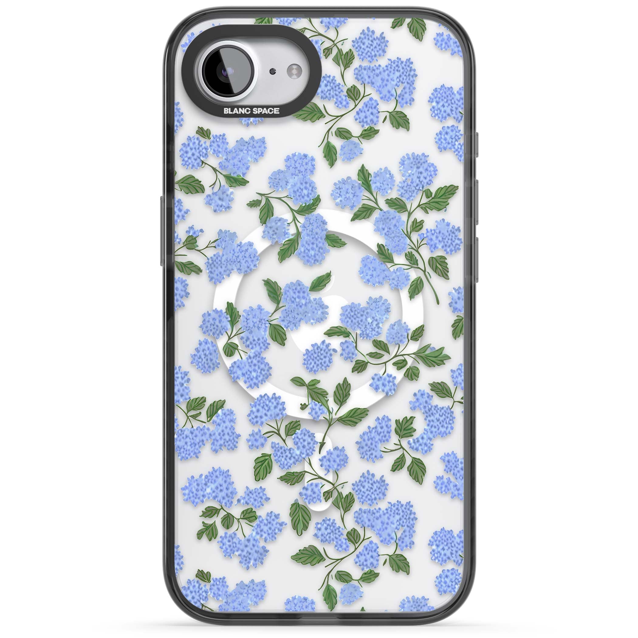 Hydrangea Dreams cottagecore iPhone case featuring soft blue hydrangea flower clusters and green leaves | Black Impact Magsafe case for iPhone 16e, iPhone 17e