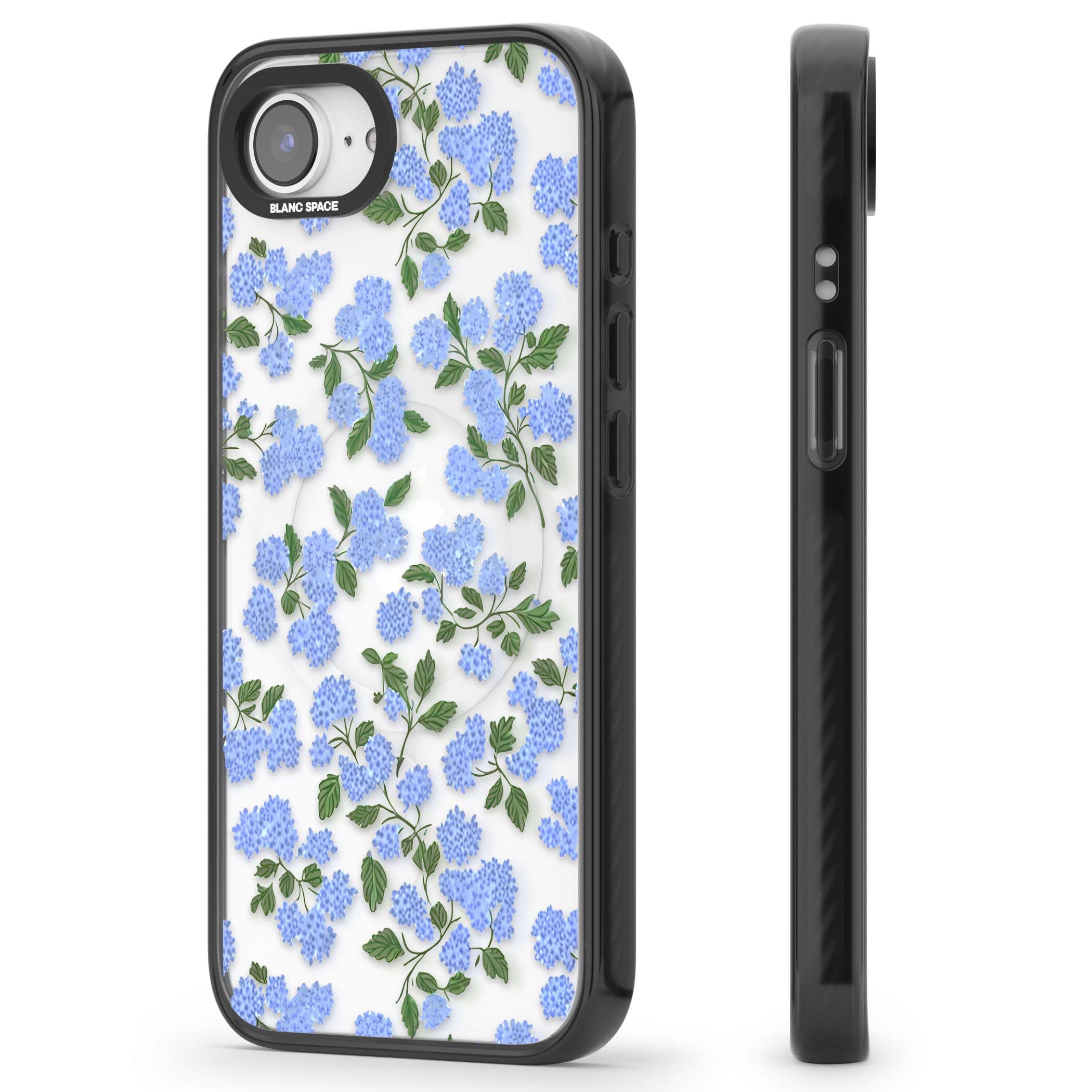 Hydrangea Dreams cottagecore iPhone case featuring soft blue hydrangea flower clusters and green leaves | Black Impact Magsafe case for iPhone 16e, iPhone 17e