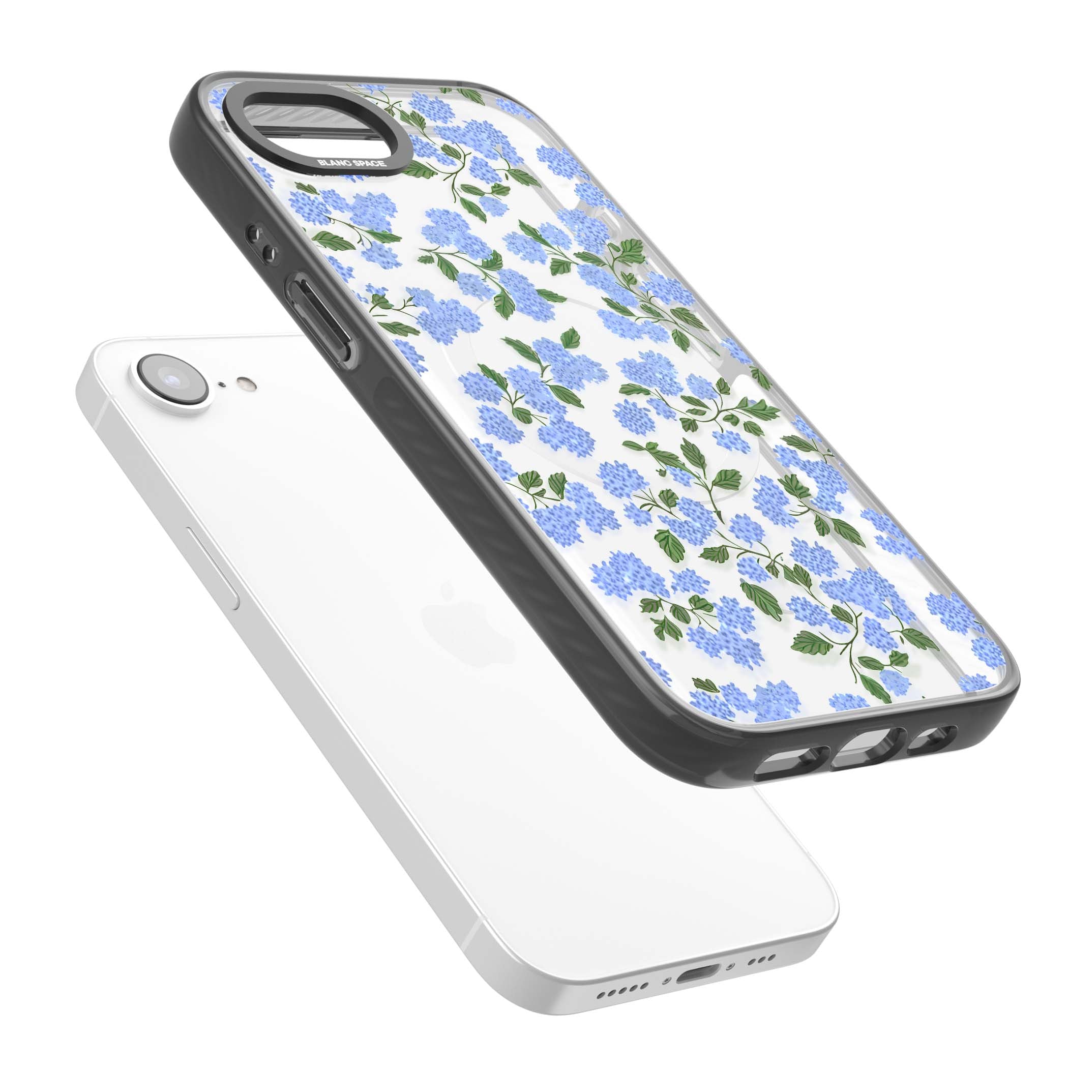 Hydrangea Dreams cottagecore iPhone case featuring soft blue hydrangea flower clusters and green leaves | Black Impact Magsafe case for iPhone 16e, iPhone 17e