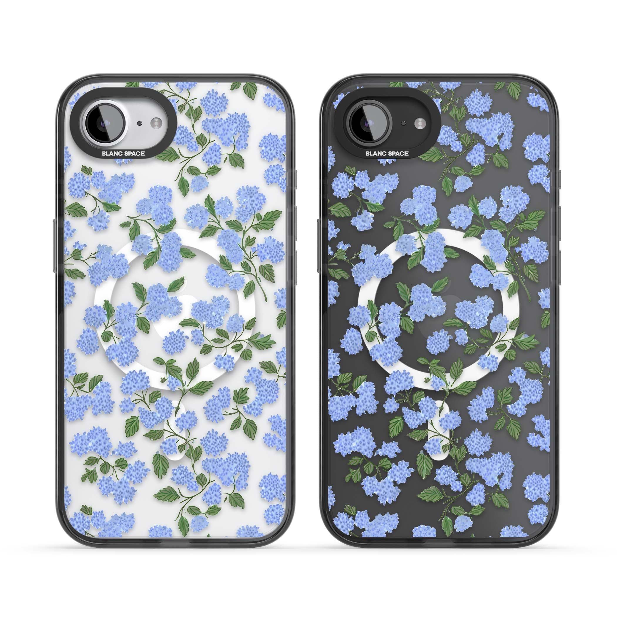 Hydrangea Dreams cottagecore iPhone case featuring soft blue hydrangea flower clusters and green leaves | Black Impact Magsafe case for iPhone 16e, iPhone 17e
