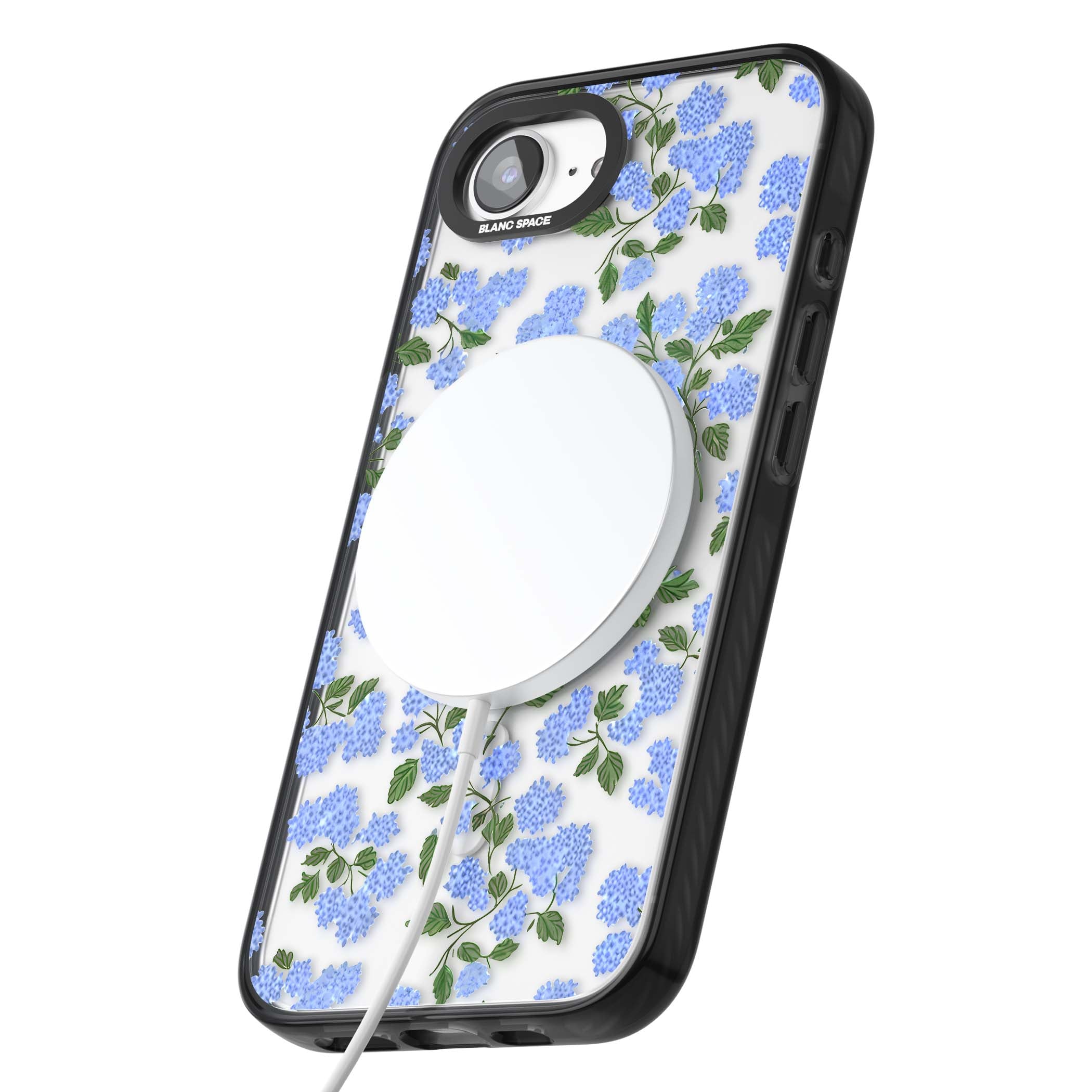 Hydrangea Dreams cottagecore iPhone case featuring soft blue hydrangea flower clusters and green leaves | Black Impact Magsafe case for iPhone 16e, iPhone 17e
