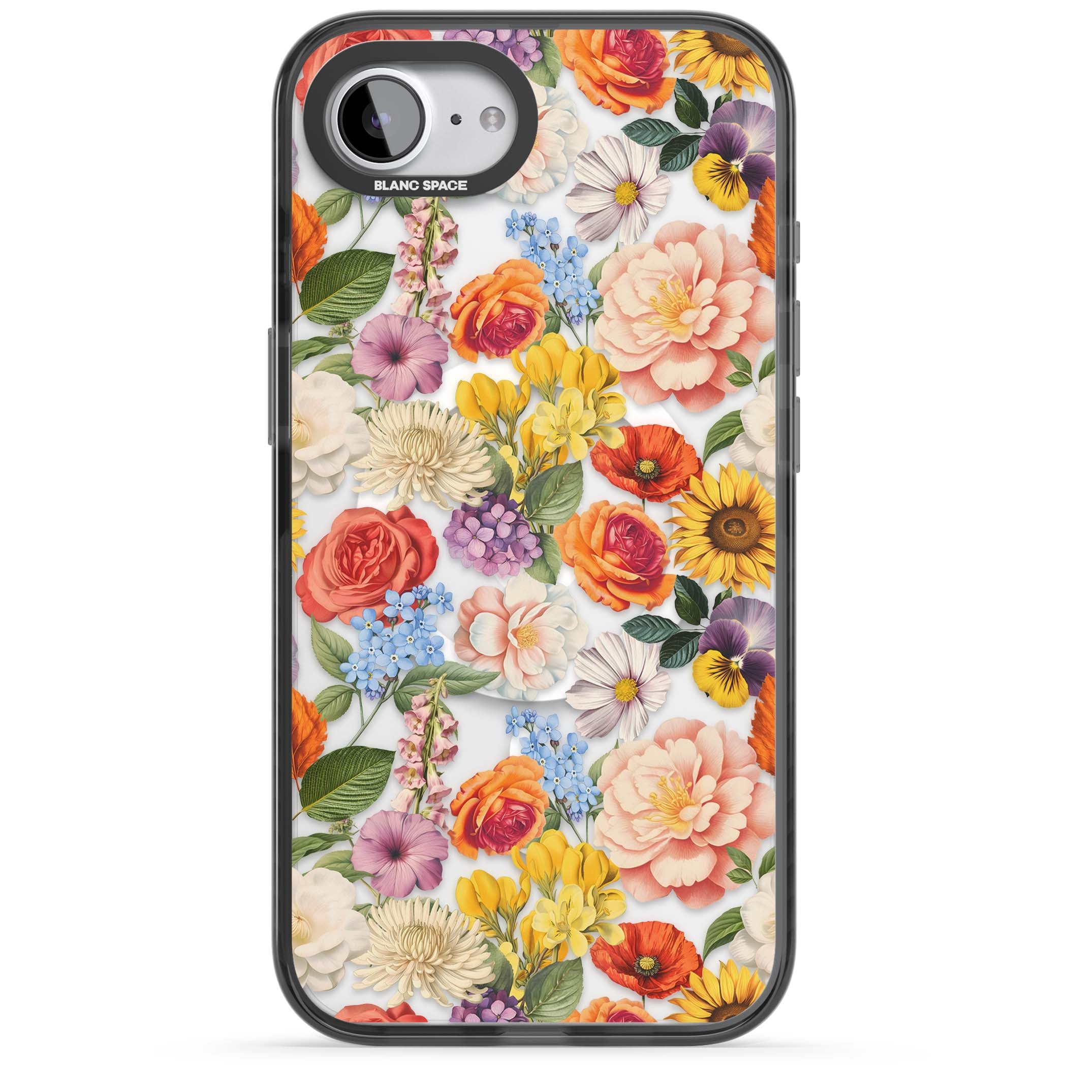 Bloom Basket floral iPhone case featuring cottage garden flowers including peonies, sunflowers, and wildflowers in pastel col | Black Impact Magsafe case for iPhone 16e, iPhone 17e