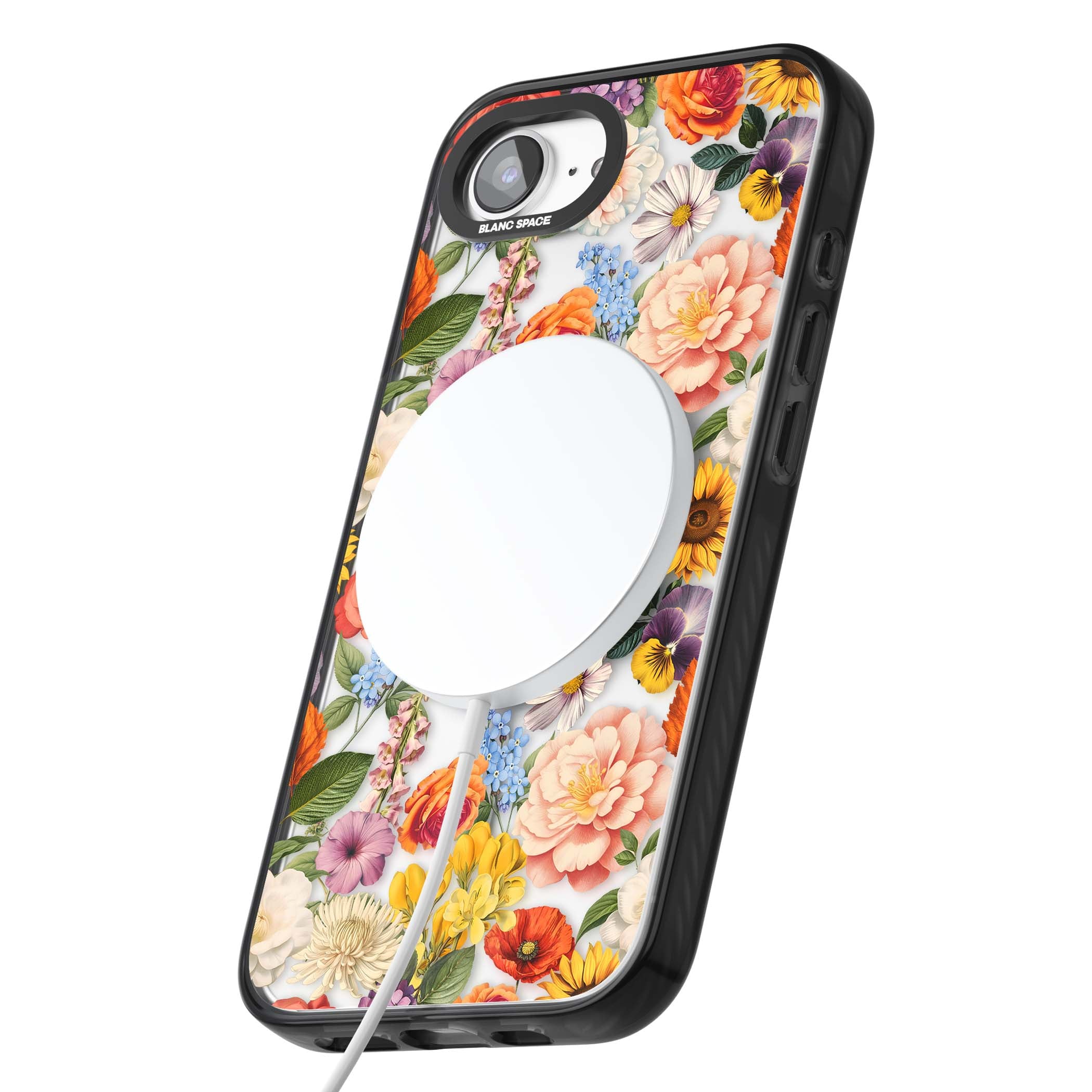Bloom Basket floral iPhone case featuring cottage garden flowers including peonies, sunflowers, and wildflowers in pastel col | Black Impact Magsafe case for iPhone 16e, iPhone 17e