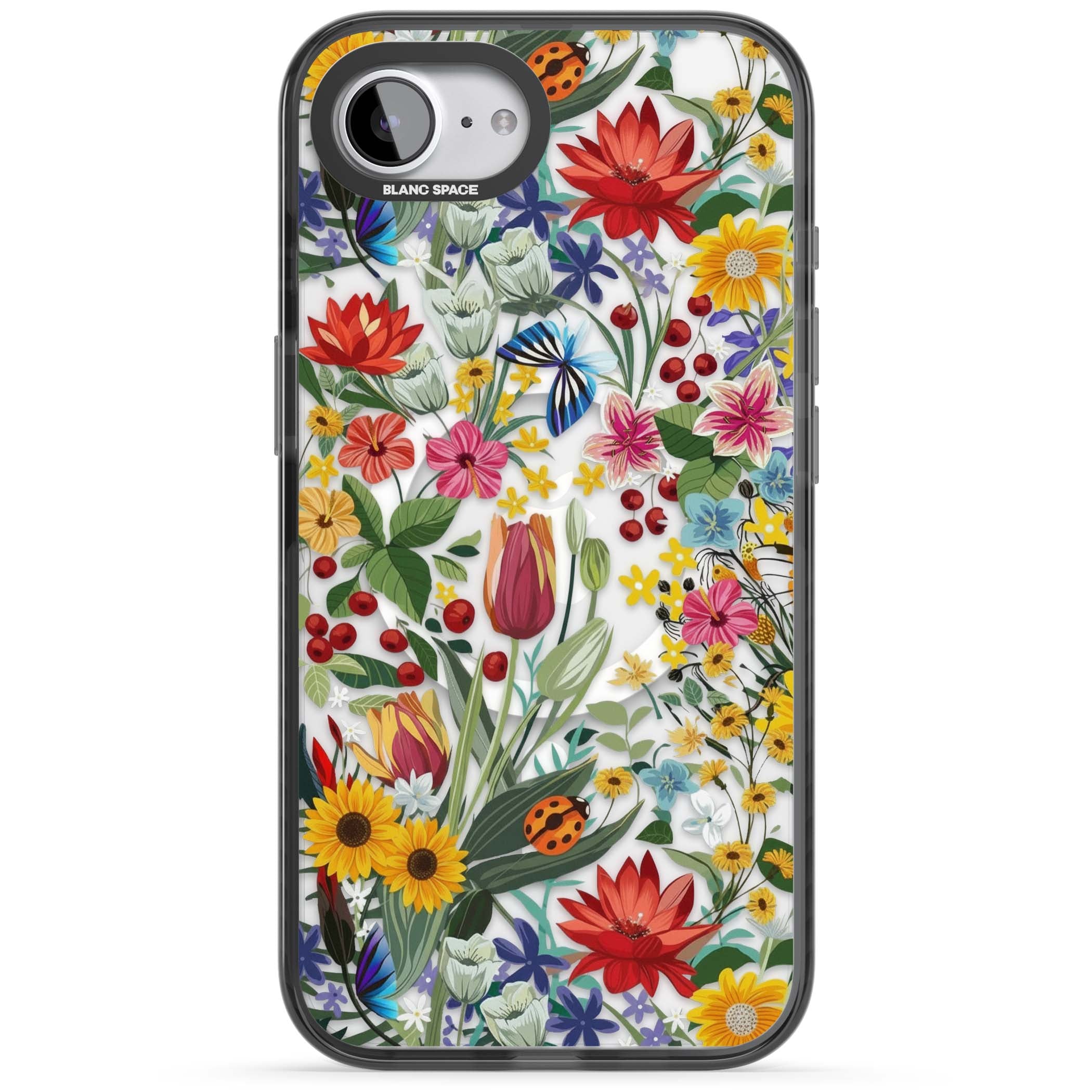 Botanical Bloom cottagecore iPhone case featuring colorful wildflowers, sunflowers, and ladybugs on clear background | Black Impact Magsafe case for iPhone 16e, iPhone 17e