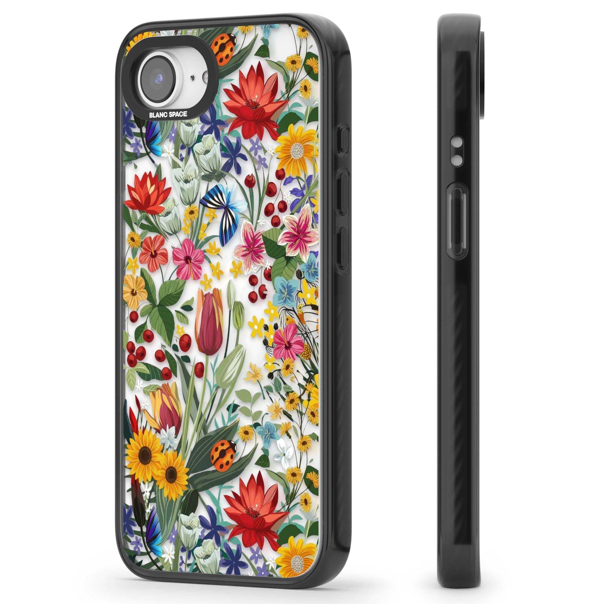 Botanical Bloom cottagecore iPhone case featuring colorful wildflowers, sunflowers, and ladybugs on clear background | Black Impact Magsafe case for iPhone 16e, iPhone 17e