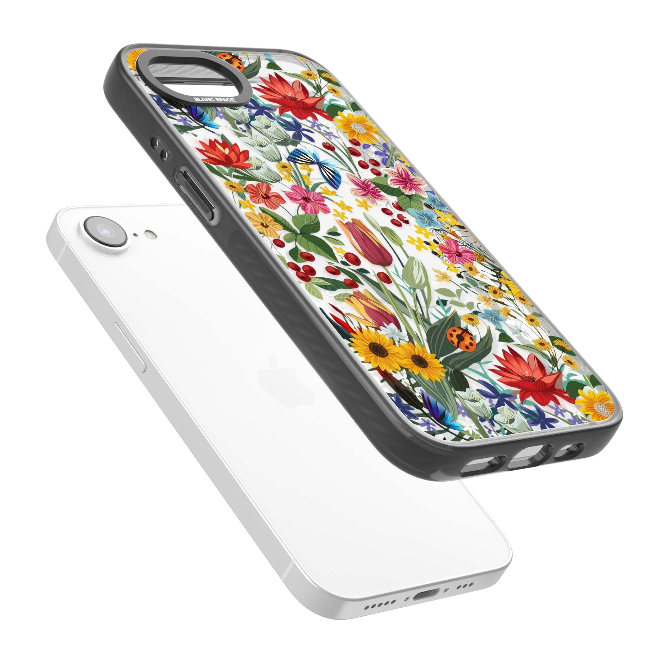 Botanical Bloom cottagecore iPhone case featuring colorful wildflowers, sunflowers, and ladybugs on clear background | Black Impact Magsafe case for iPhone 16e, iPhone 17e