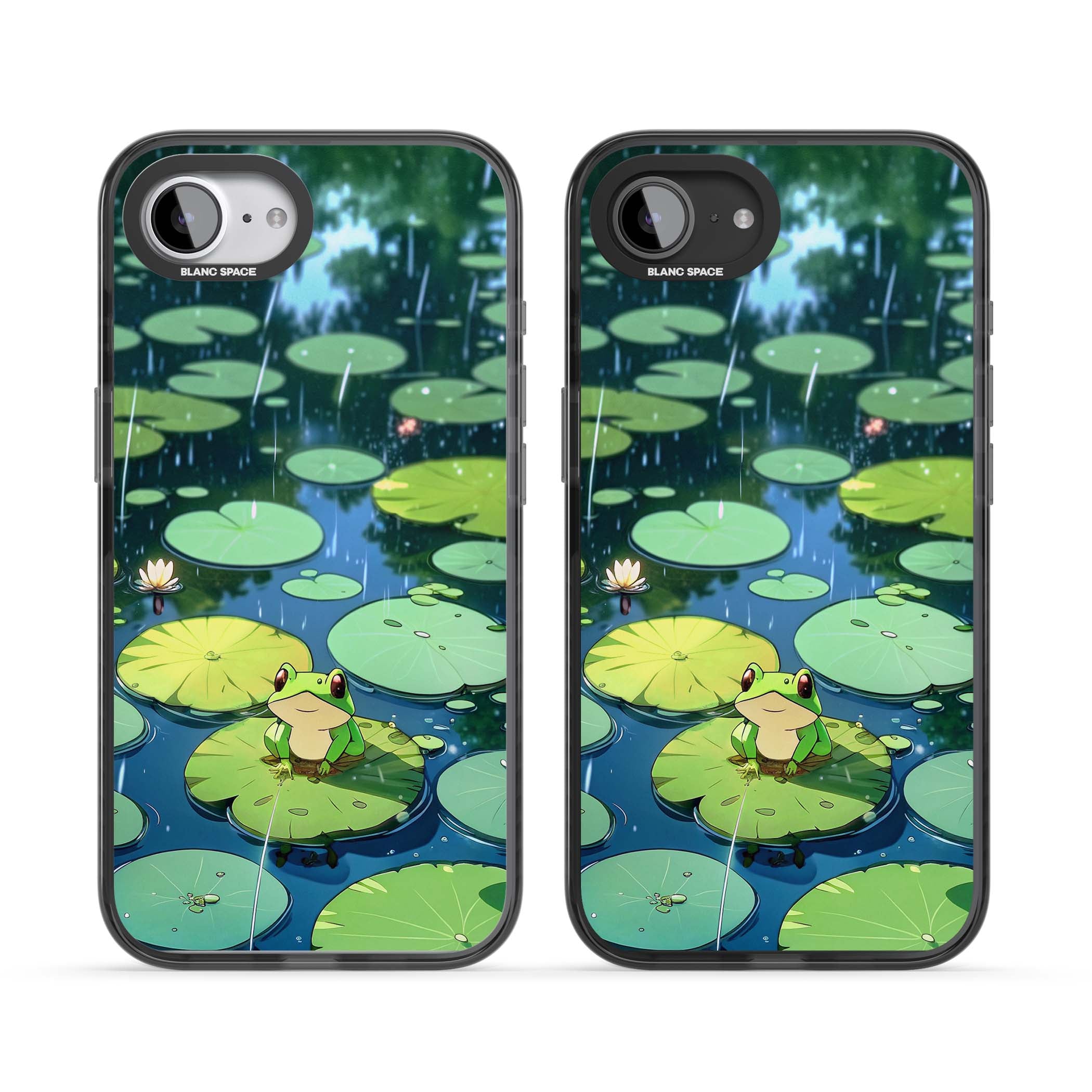 Frog In Lily Pond cottagecore iPhone case featuring a cute green frog on a lily pad with falling rain and a lotus flower | Black Impact Magsafe case for iPhone 16e, iPhone 17e