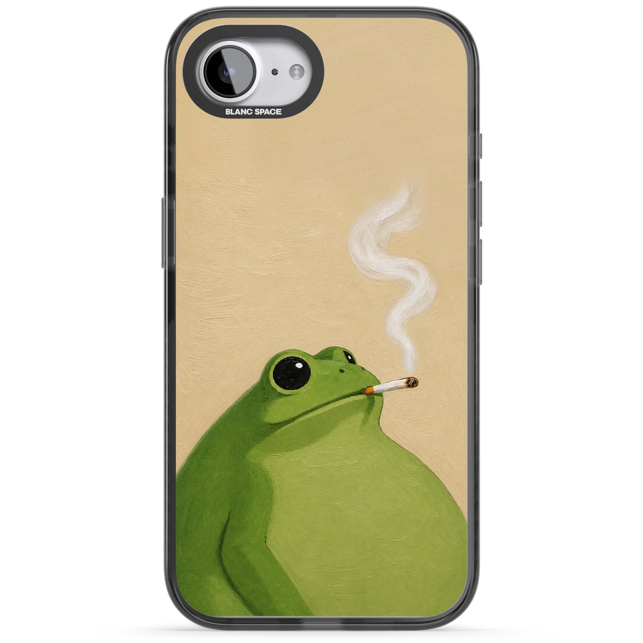 The Smoking Frog cottagecore iPhone case featuring a hand-painted green frog smoking a cigarette on a cream oil painting back | Black Impact Magsafe case for iPhone 16e, iPhone 17e