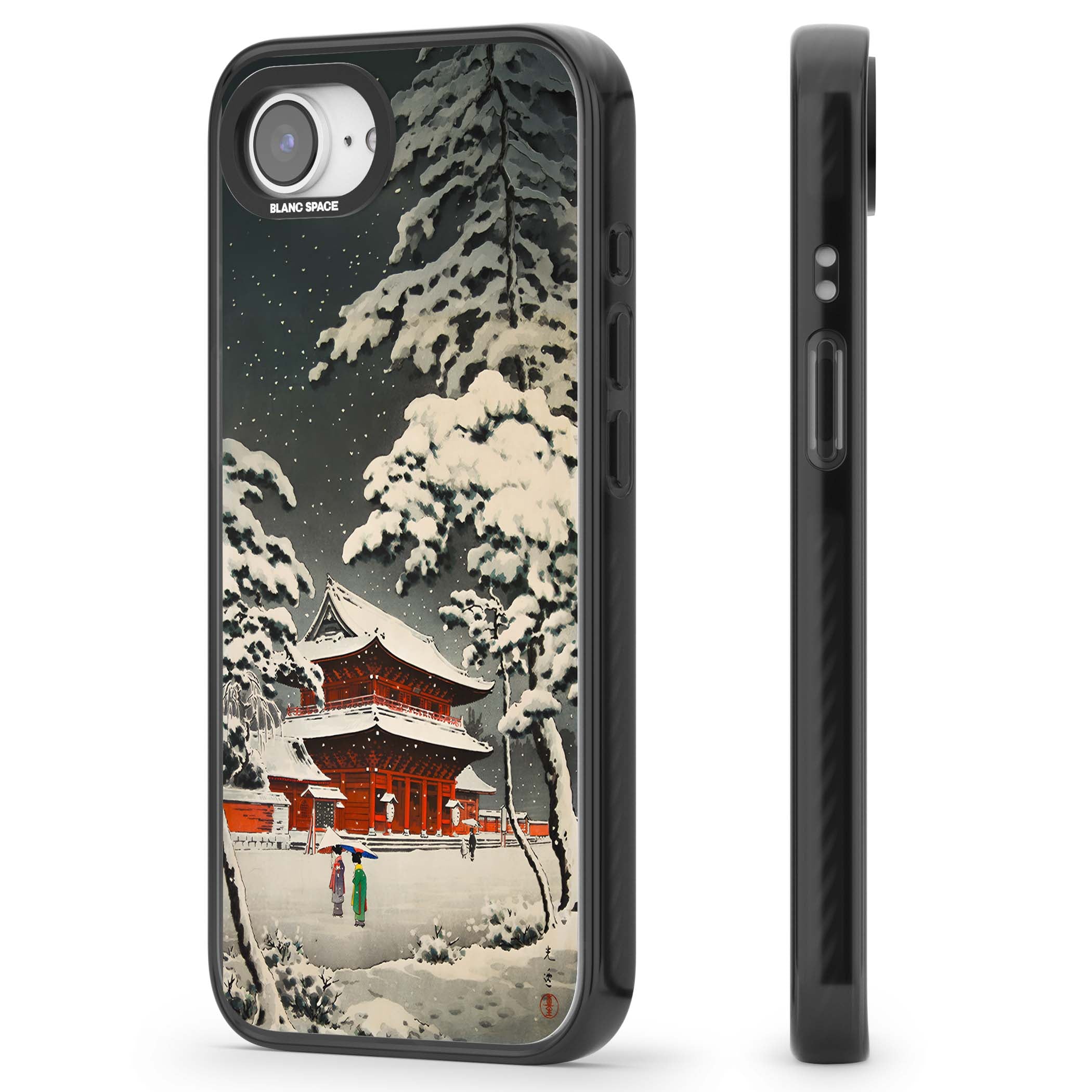 Snow at Shiha Park, Tokyo Japanese art iPhone case featuring a vintage ukiyo-e snowy temple, red pagoda, and snow-covered pin | Black Impact Magsafe case for iPhone 16e, iPhone 17e