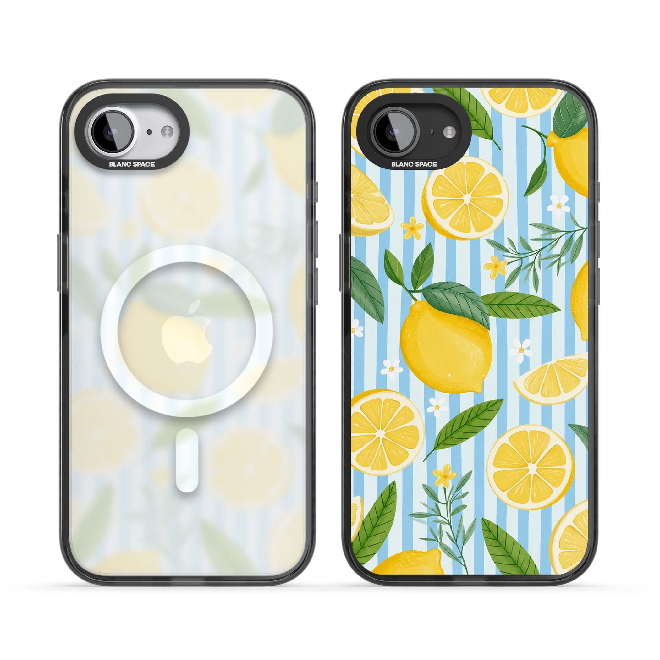 Capri Citrus Stripe coastal iPhone case featuring yellow lemons, blue stripes, and white daisy blossoms | Black Impact Magsafe case for iPhone 16e, iPhone 17e