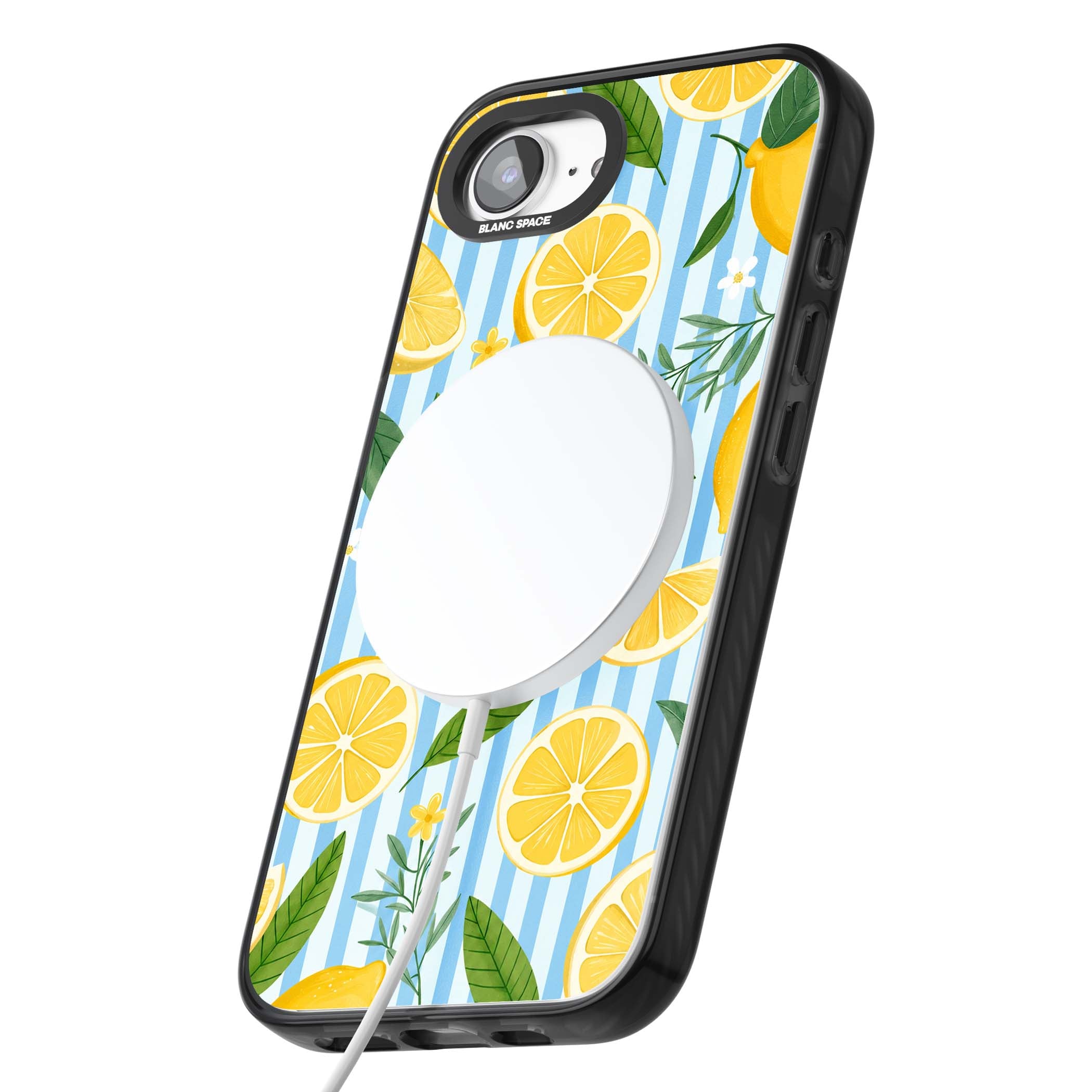 Capri Citrus Stripe coastal iPhone case featuring yellow lemons, blue stripes, and white daisy blossoms | Black Impact Magsafe case for iPhone 16e, iPhone 17e
