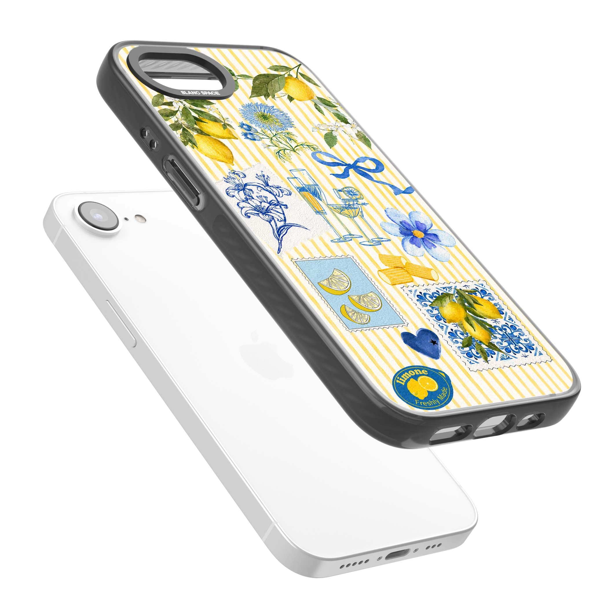 Limone Riviera Italian summer iPhone case featuring watercolour lemons, blue ribbon bows and majolica tile stamps on... | Black Impact Magsafe case for iPhone 16e, iPhone 17e