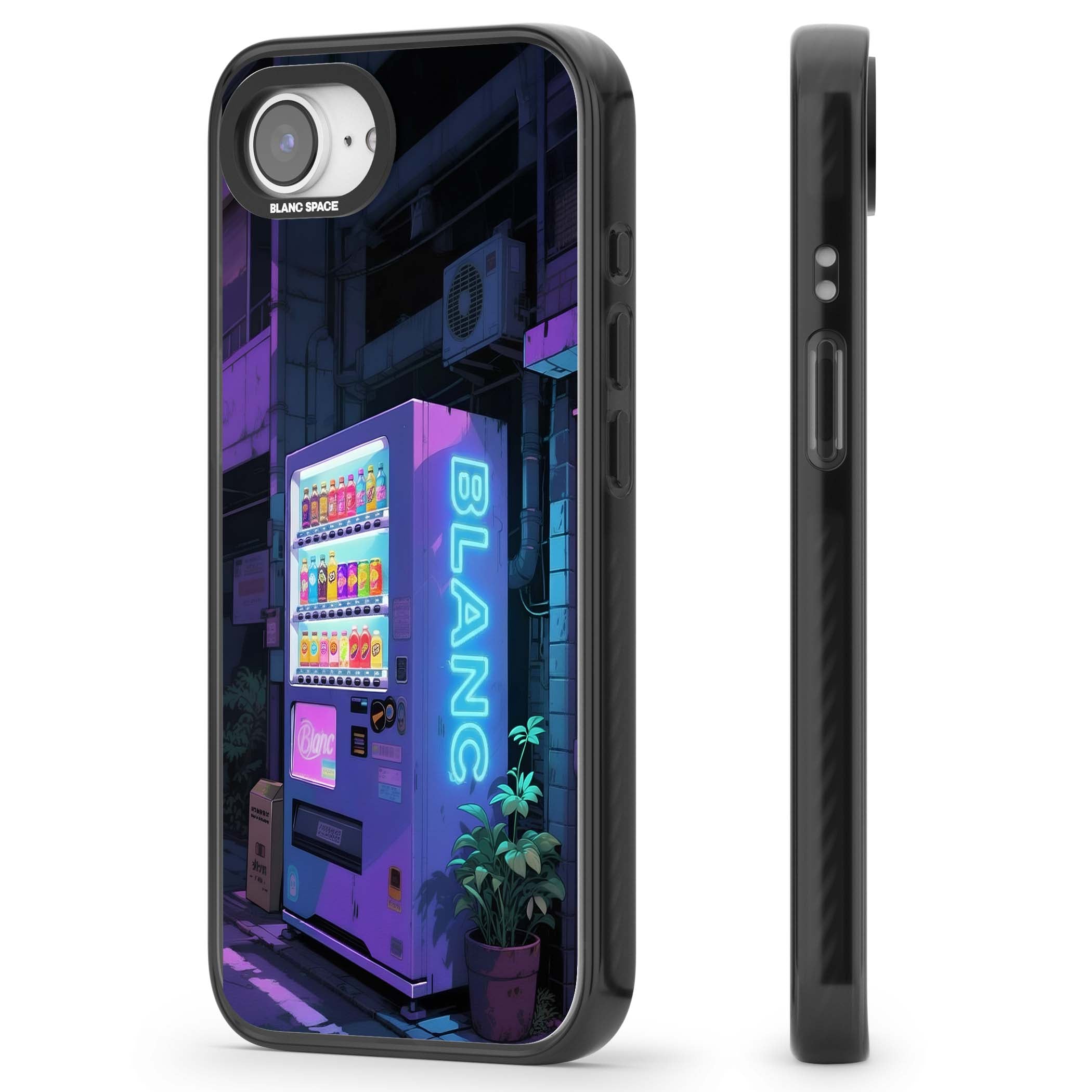 Shibuya Glow Japanese iPhone case featuring a glowing Tokyo vending machine, neon signage, and moody purple alleyway | Black Impact Magsafe case for iPhone 16e, iPhone 17e