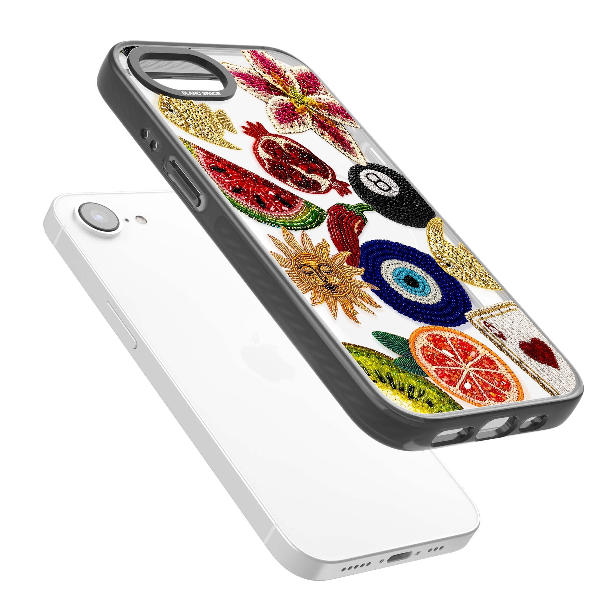 Beaded Charms embroidery iPhone case featuring beaded evil eye, fruit patches and a golden sun motif | Black Impact Magsafe case for iPhone 16e, iPhone 17e