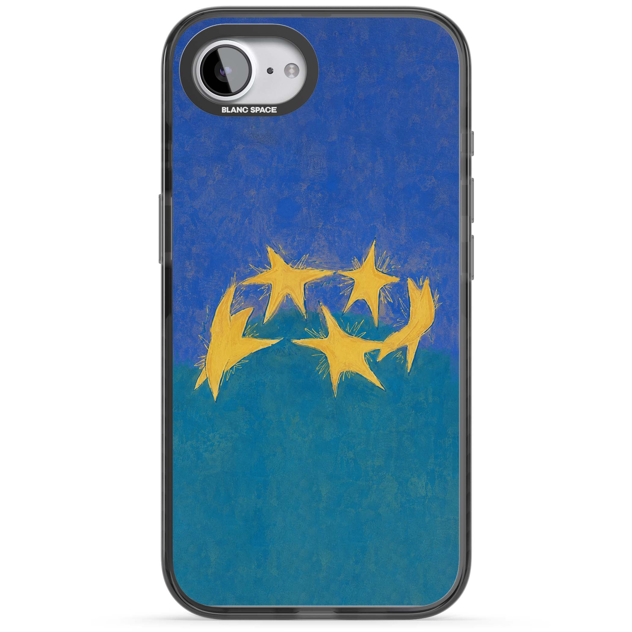Star Boogie stars aesthetic iPhone case featuring five yellow hand-painted stars on cobalt blue and teal | Black Impact Magsafe case for iPhone 16e, iPhone 17e