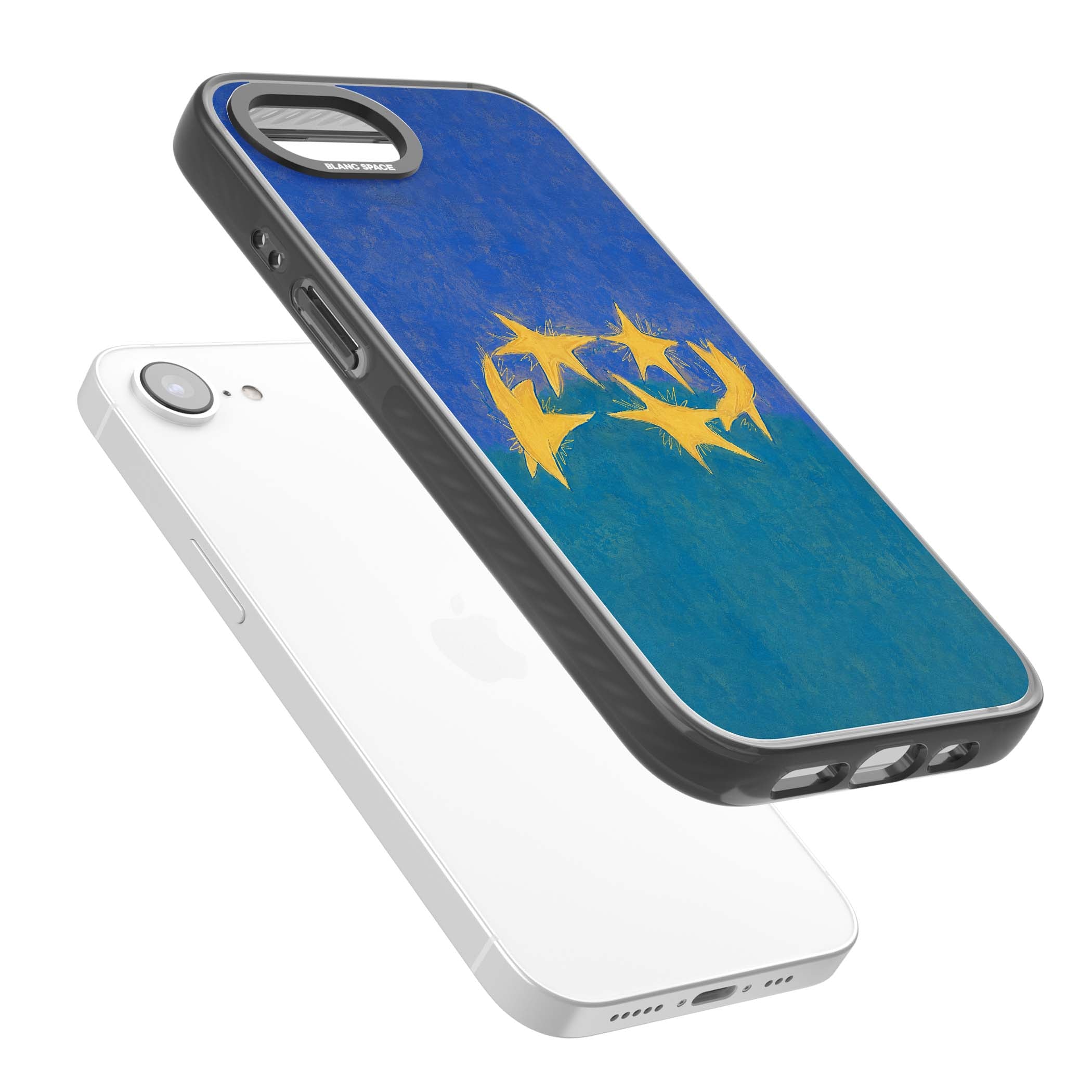 Star Boogie stars aesthetic iPhone case featuring five yellow hand-painted stars on cobalt blue and teal | Black Impact Magsafe case for iPhone 16e, iPhone 17e