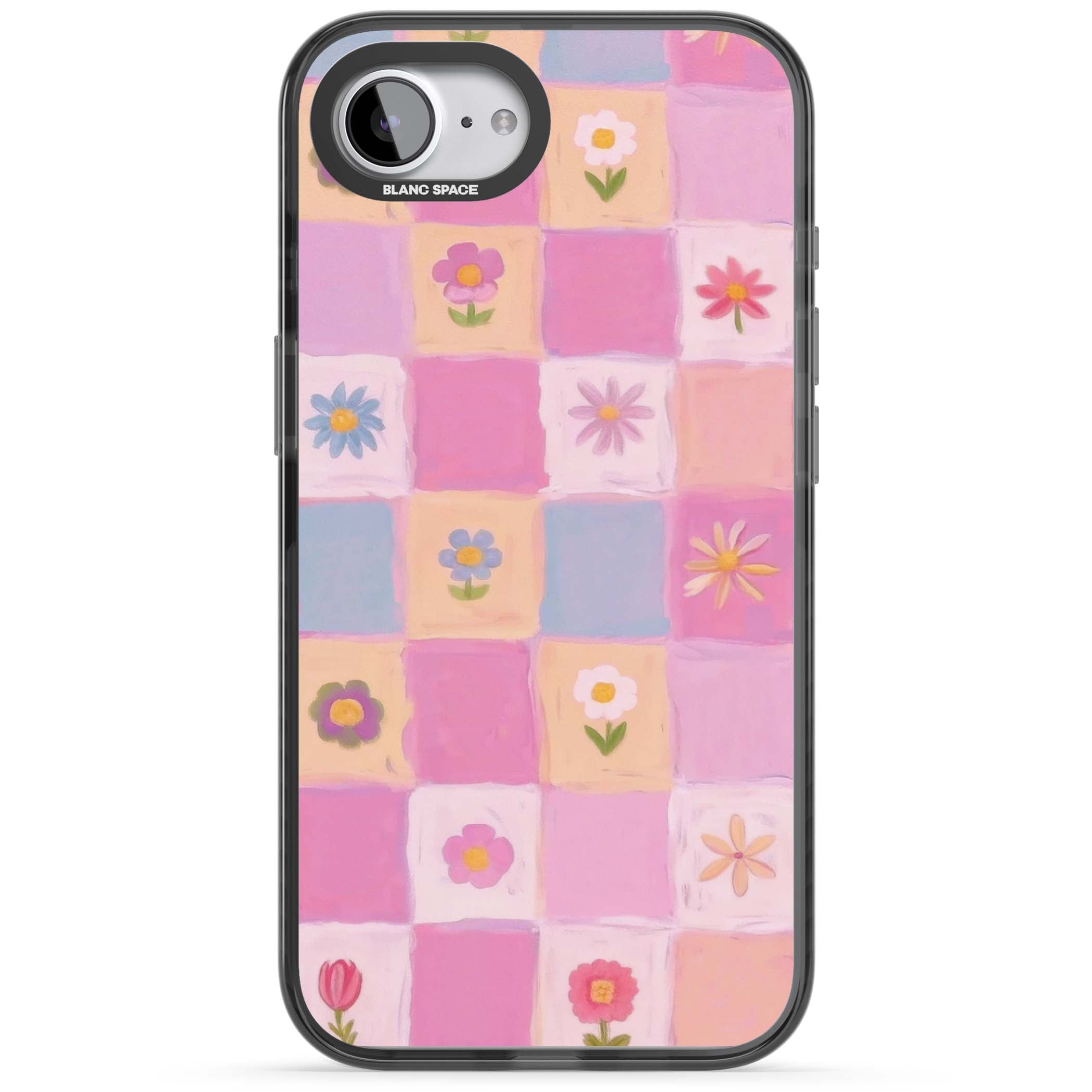 Pastel Flower Patchwork cottagecore iPhone case featuring painted pink and lilac squares with daisies and wildflowers | Black Impact Magsafe case for iPhone 16e, iPhone 17e