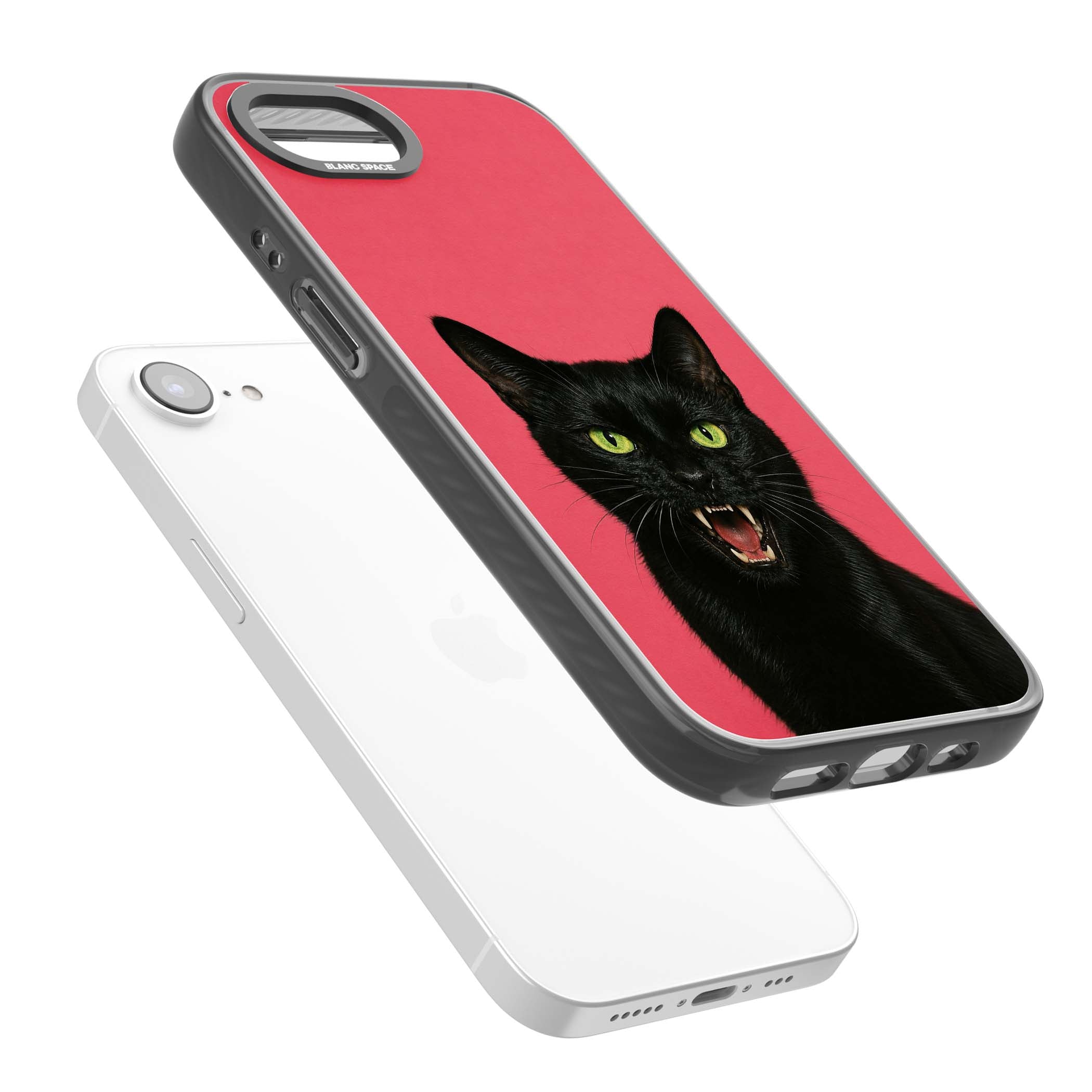 Hissin' Baddie black cat iPhone case featuring a hissing feline with green eyes on a hot pink background | Black Impact Magsafe case for iPhone 16e, iPhone 17e