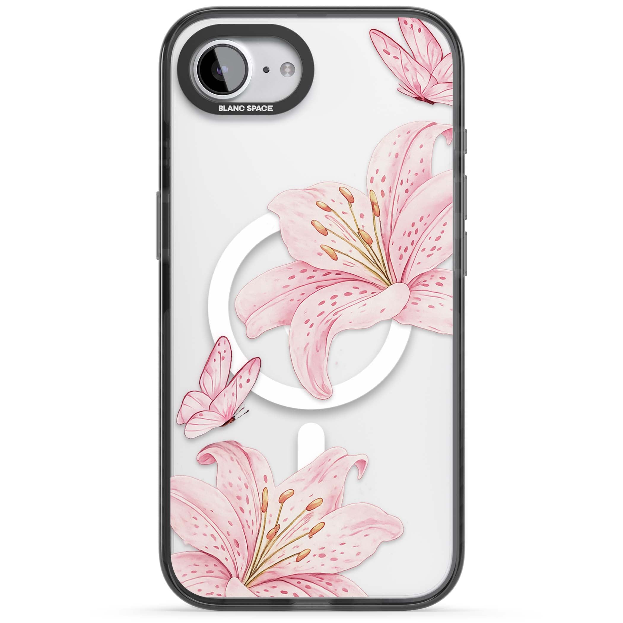 Lily Whisper floral iPhone case featuring pink watercolour lilies and delicate butterflies on a clear background | Black Impact Magsafe case for iPhone 16e, iPhone 17e