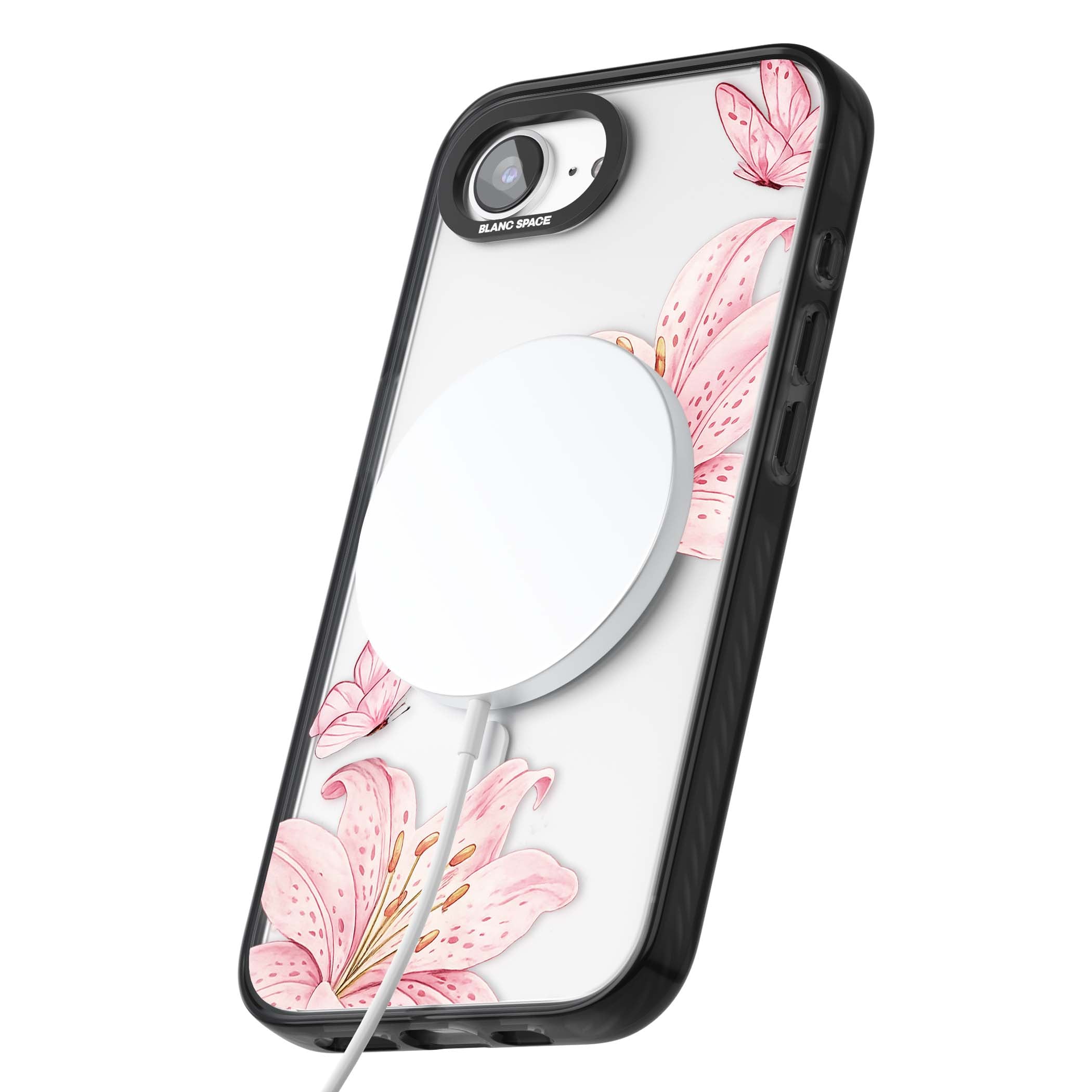 Lily Whisper floral iPhone case featuring pink watercolour lilies and delicate butterflies on a clear background | Black Impact Magsafe case for iPhone 16e, iPhone 17e
