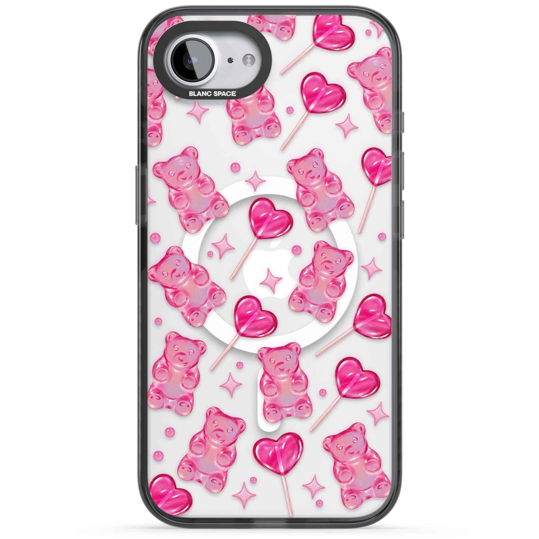 Pink Sugar pinkcore iPhone case featuring pink gummy bears, heart-shaped lollipops and sparkle stars | Black Impact Magsafe case for iPhone 16e, iPhone 17e