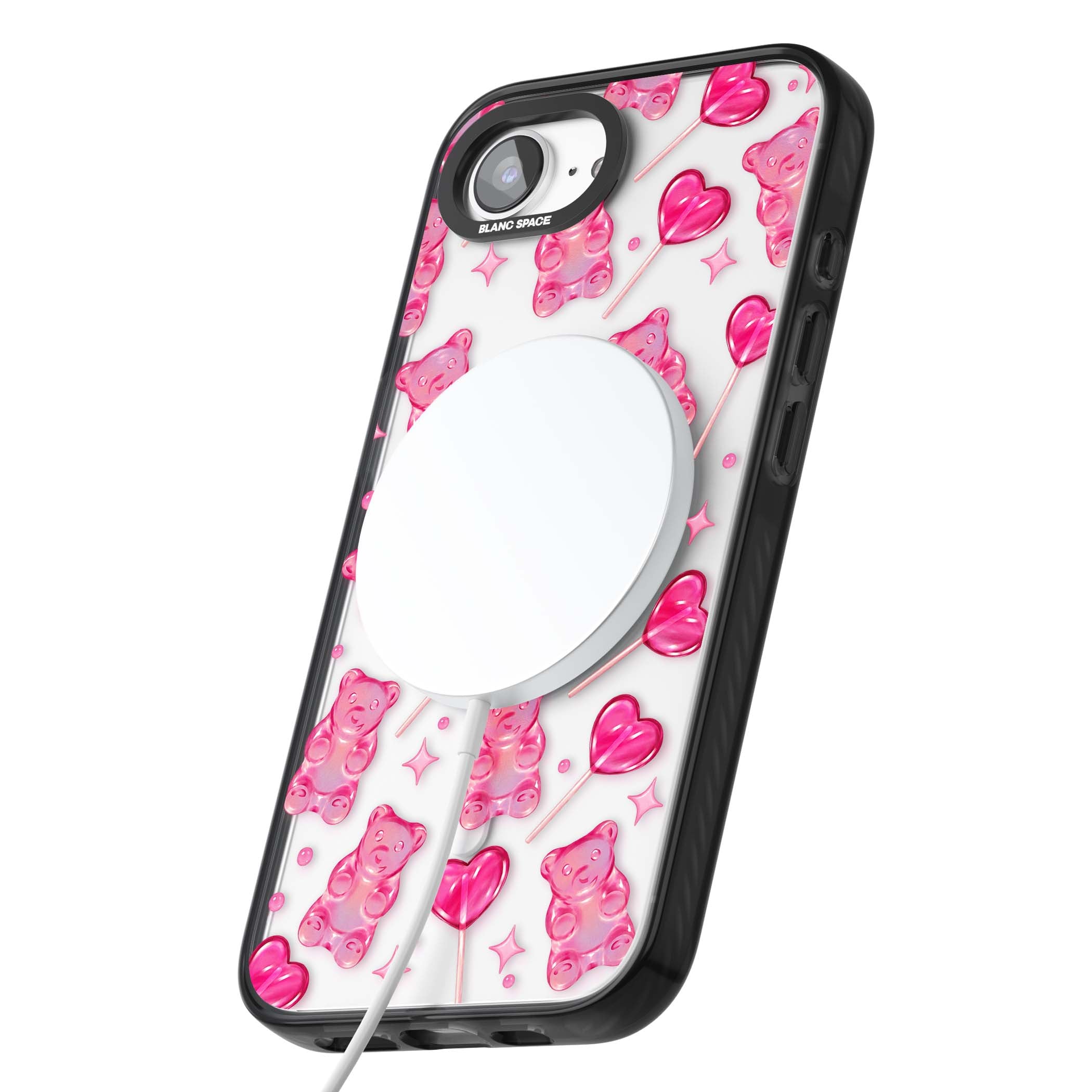 Pink Sugar pinkcore iPhone case featuring pink gummy bears, heart-shaped lollipops and sparkle stars | Black Impact Magsafe case for iPhone 16e, iPhone 17e