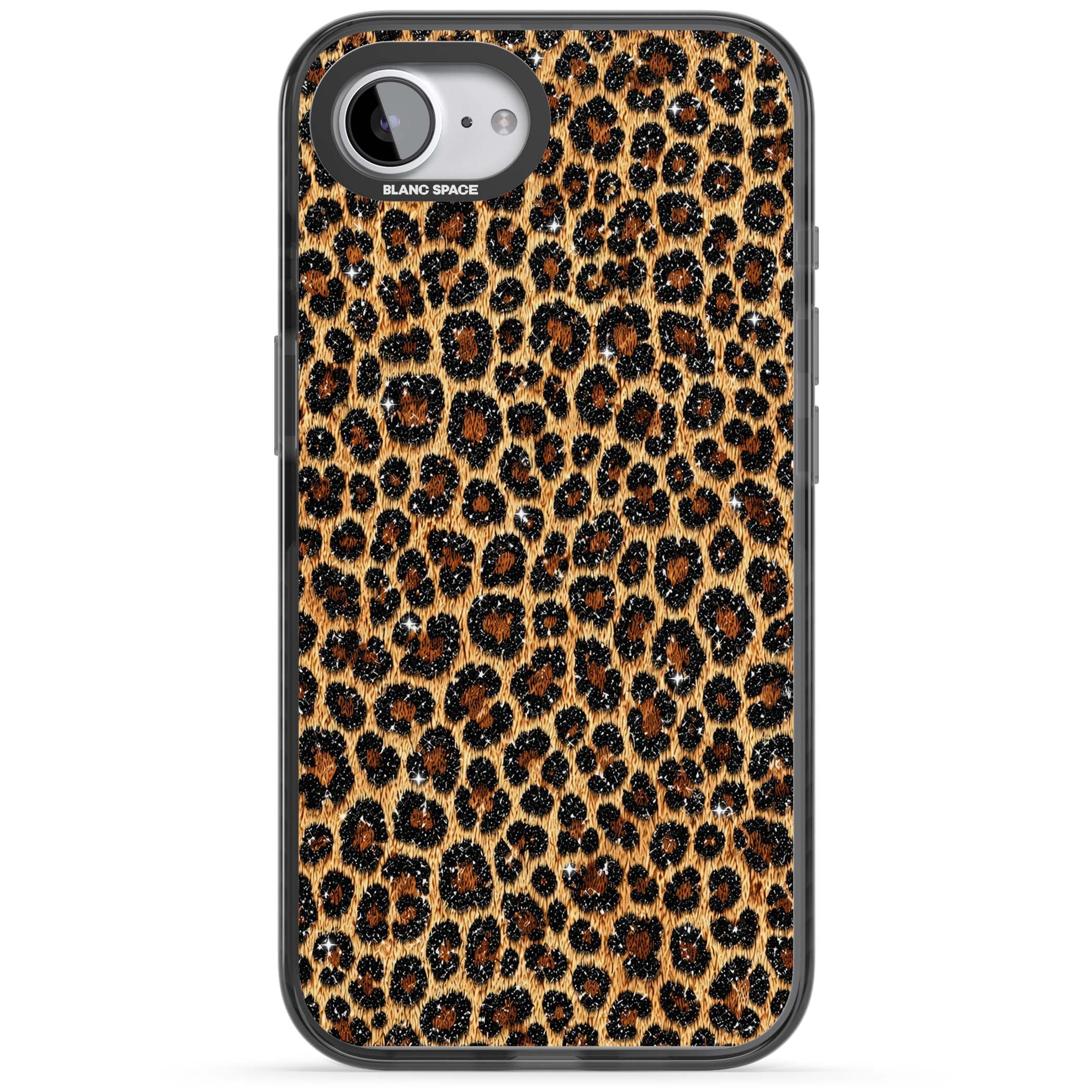 Diamond Leopard leopard print iPhone case featuring golden tan fur, black rosette spots and subtle glitter sparkle | Black Impact Magsafe case for iPhone 16e, iPhone 17e