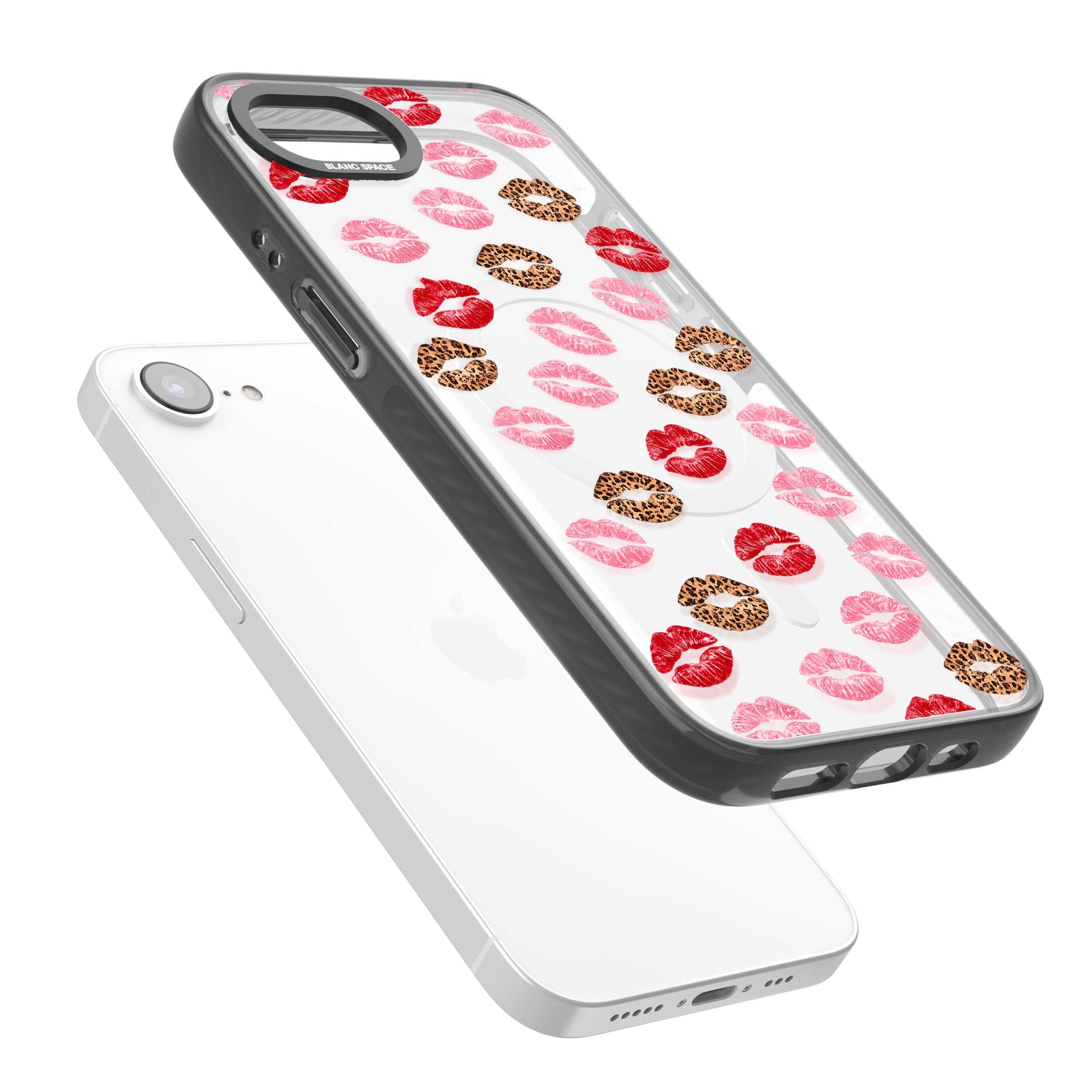 Wild Kisses coquette iPhone case featuring red, pink and leopard print lipstick kiss marks on a clear background | Black Impact Magsafe case for iPhone 16e, iPhone 17e