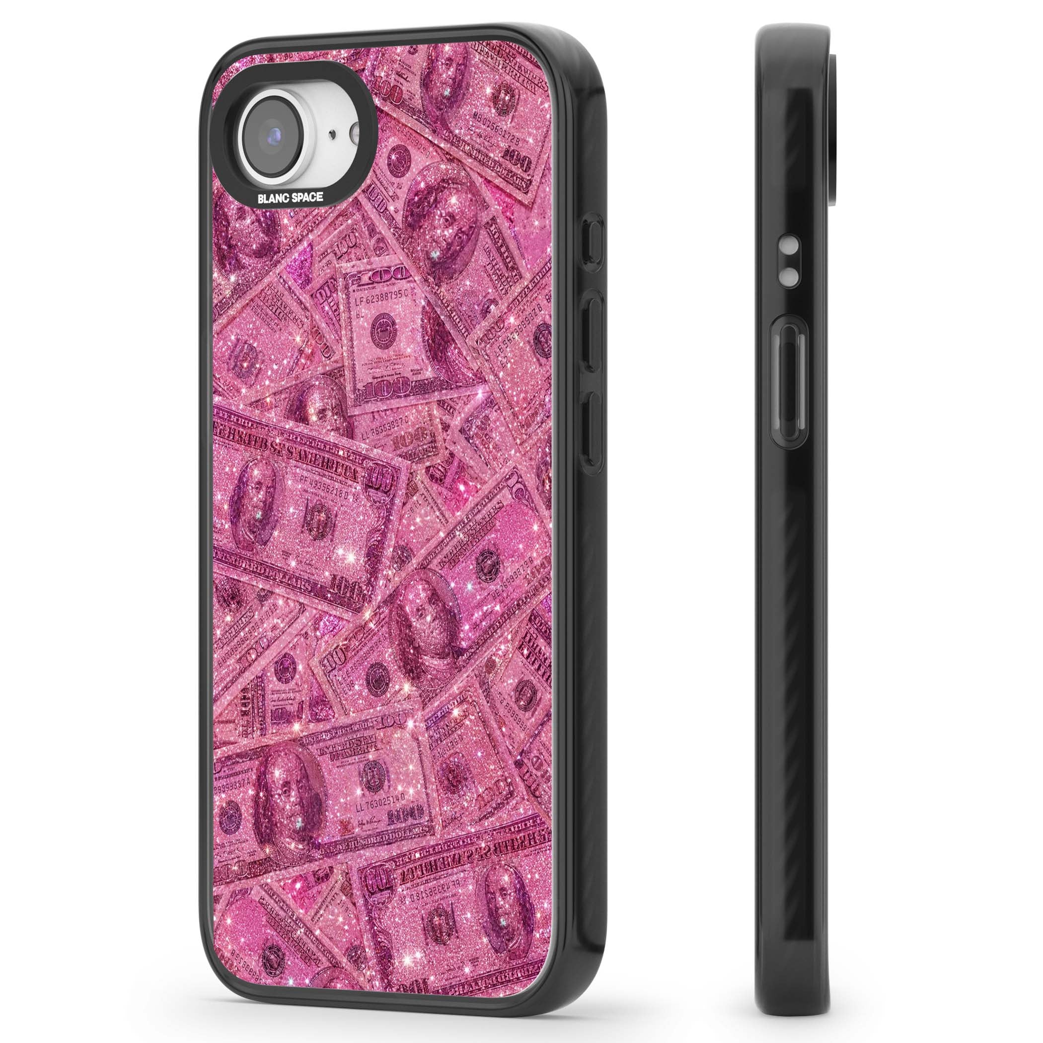 Glamorous baddie iPhone case featuring pink glitter hundred dollar bills and sparkling money wallpaper design | Black Impact Magsafe case for iPhone 16e, iPhone 17e