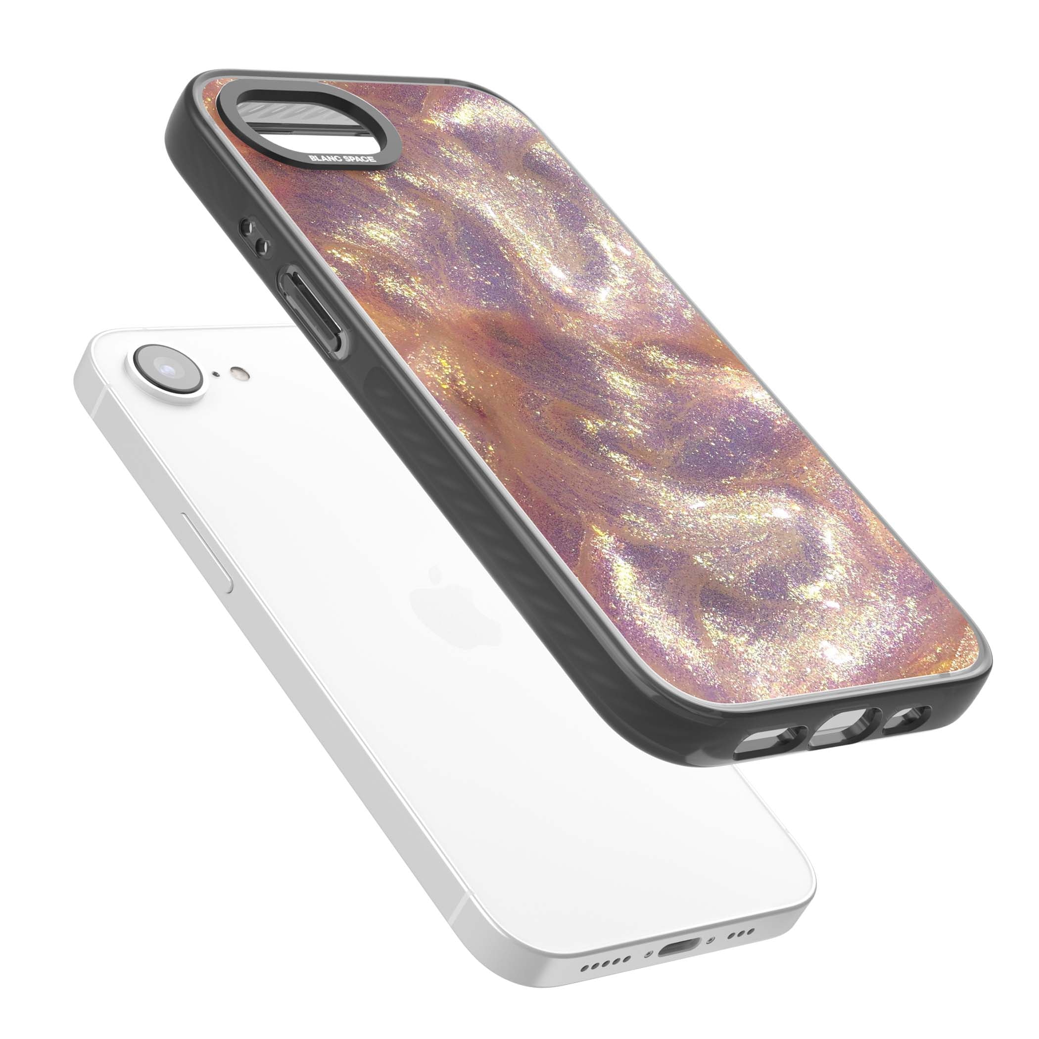Shimmer marble iPhone case featuring rose gold glitter swirls, lilac shimmer and iridescent pearl finish | Black Impact Magsafe case for iPhone 16e, iPhone 17e